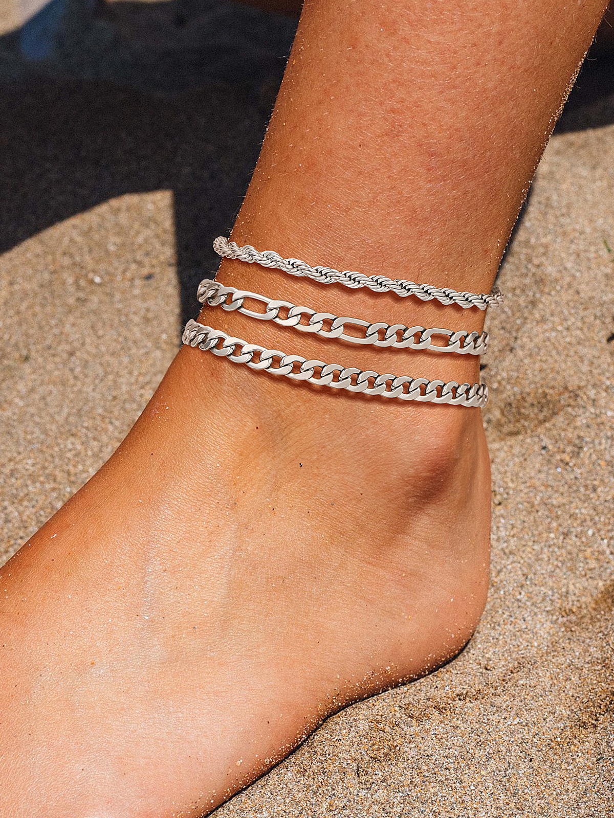 3 Pcs Layered Anklet Set in Stainless (Rope/Figaro/Cuban Chain)