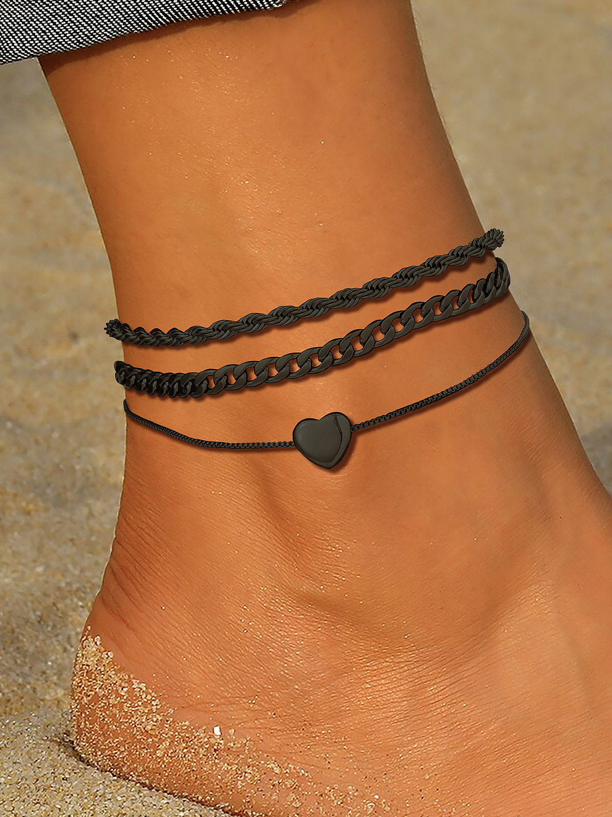 3 Pcs Layered Anklet Set in Black Plated