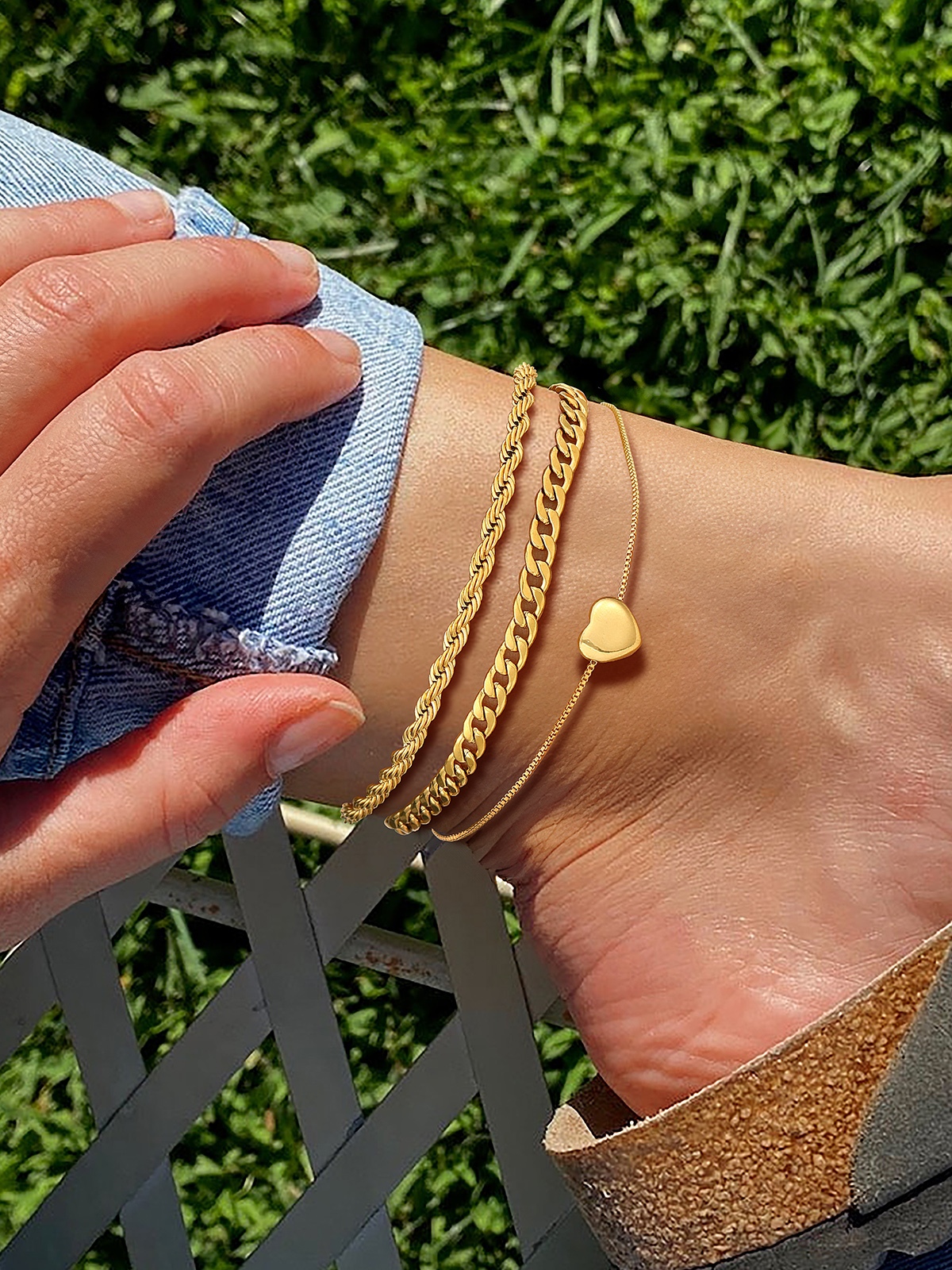 3 Pcs Layered Anklet Set in 14K Gold Plated
