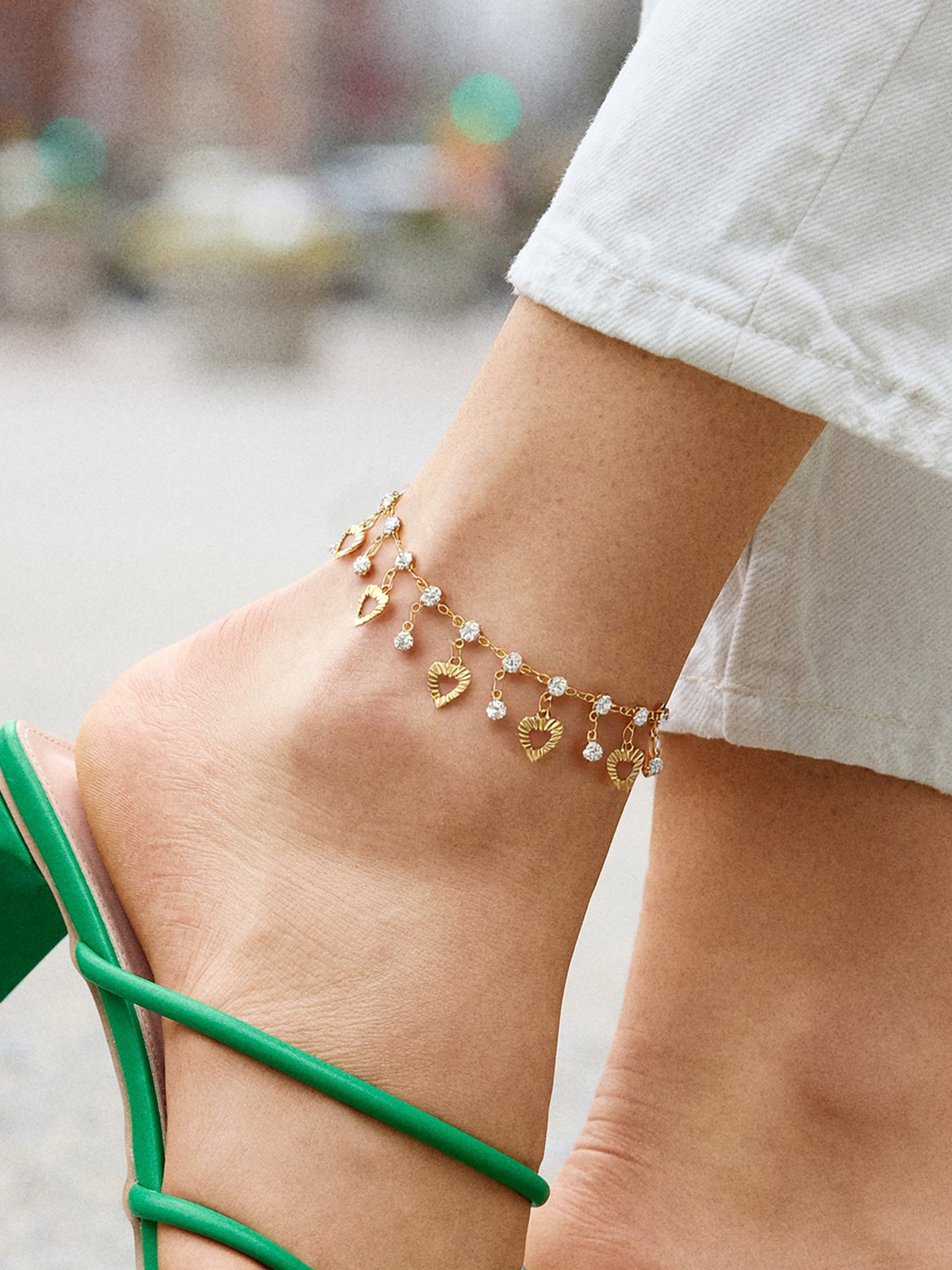 Heart Charm Anklet with White Rhinestone in 18K Gold Plated