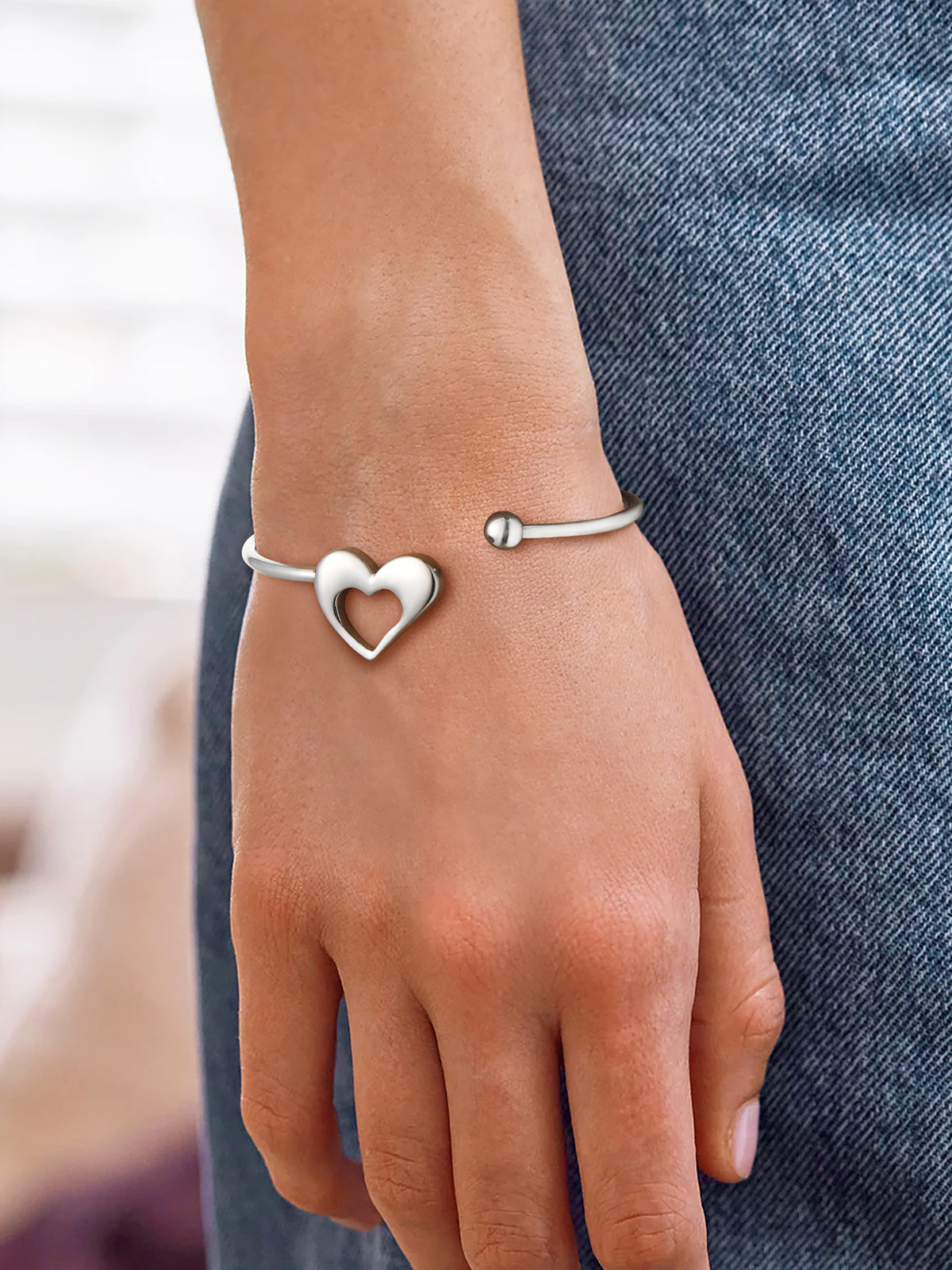 Open Adjustable Bangle Heart Cuff Bracelet in Stainless