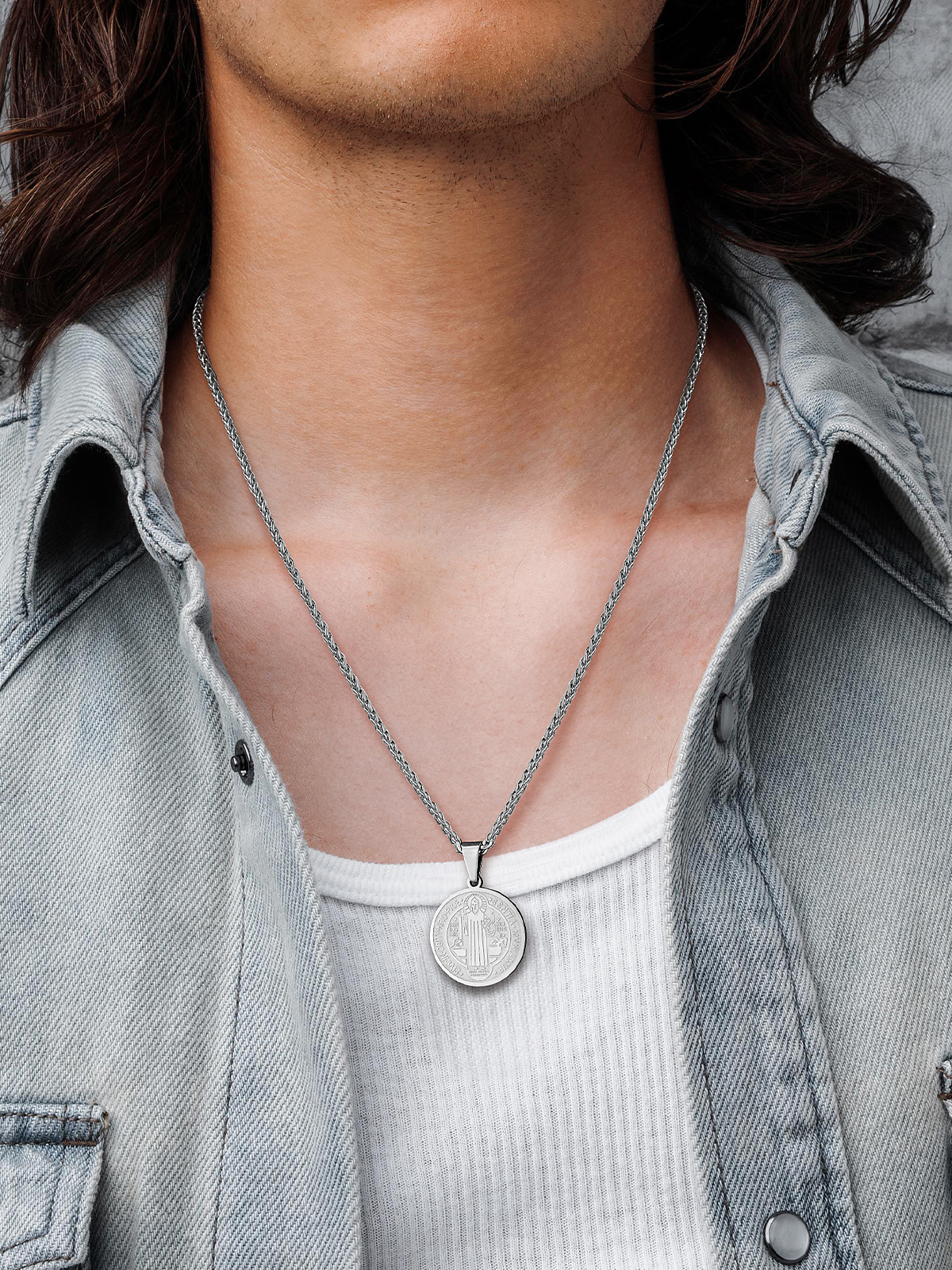 Saint Benedict Pendant Round Coin Medal Necklace in Stainless Steel