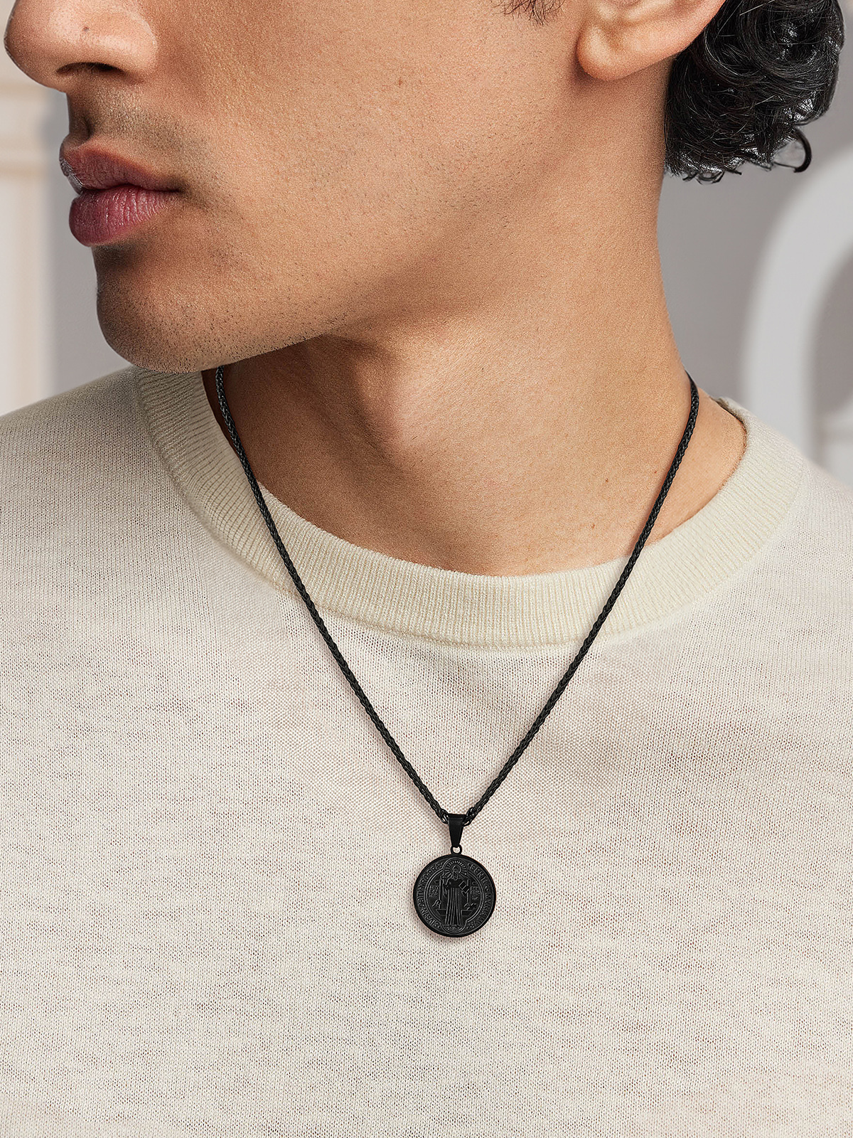 Saint Benedict Pendant Round Coin Medal Necklace in Black