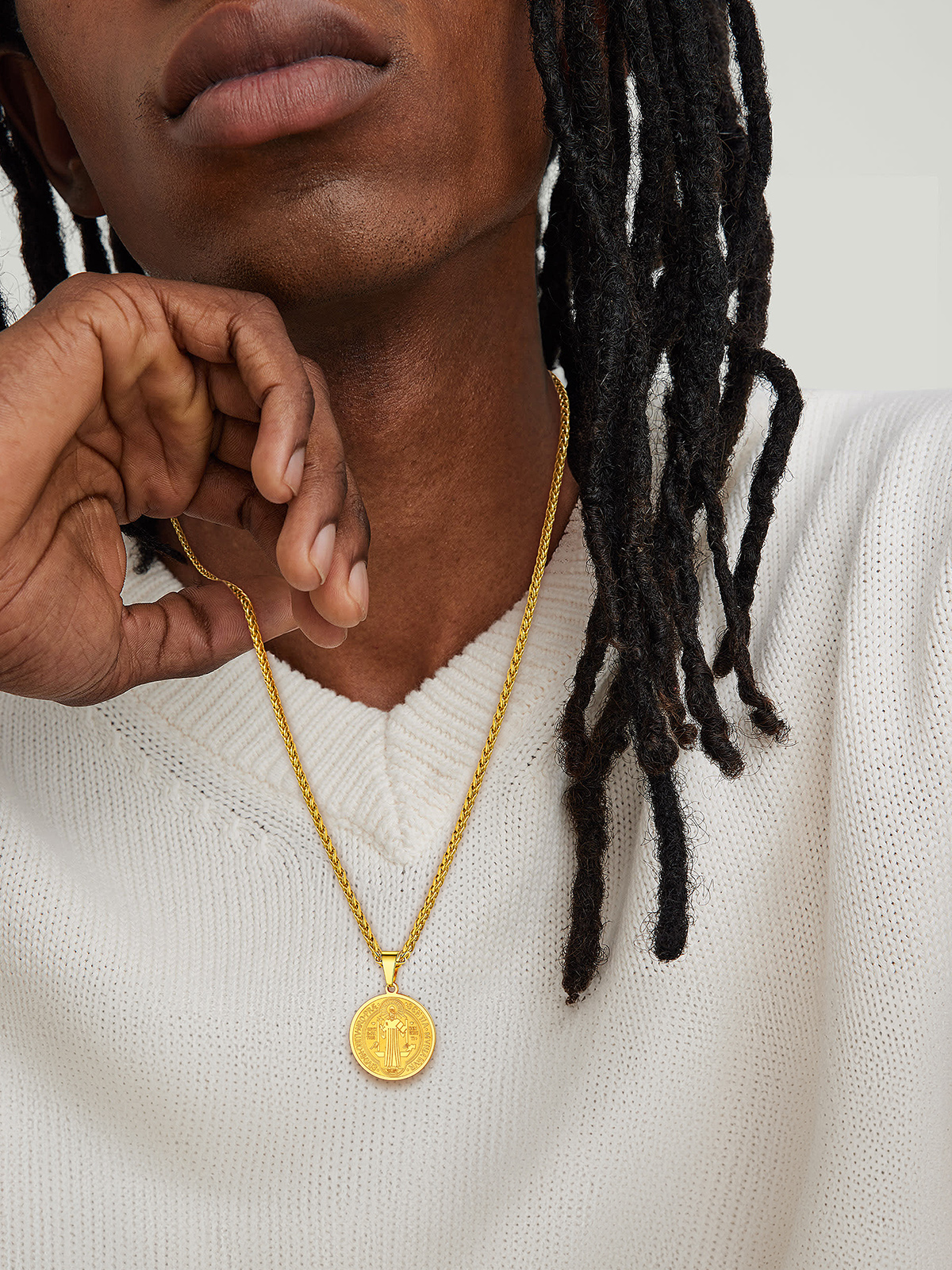 Saint Benedict Pendant Round Coin Medal Necklace in 18K Gold