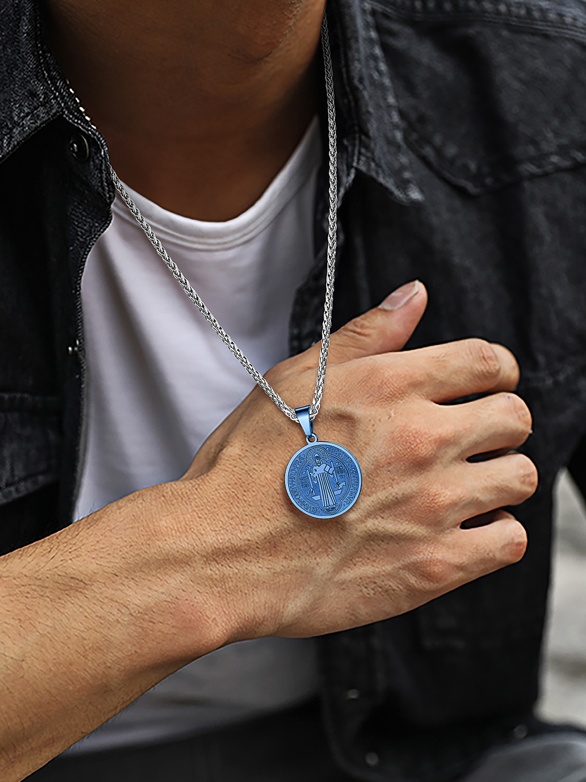 Saint Benedict Pendant Round Coin Medal Necklace in Blue