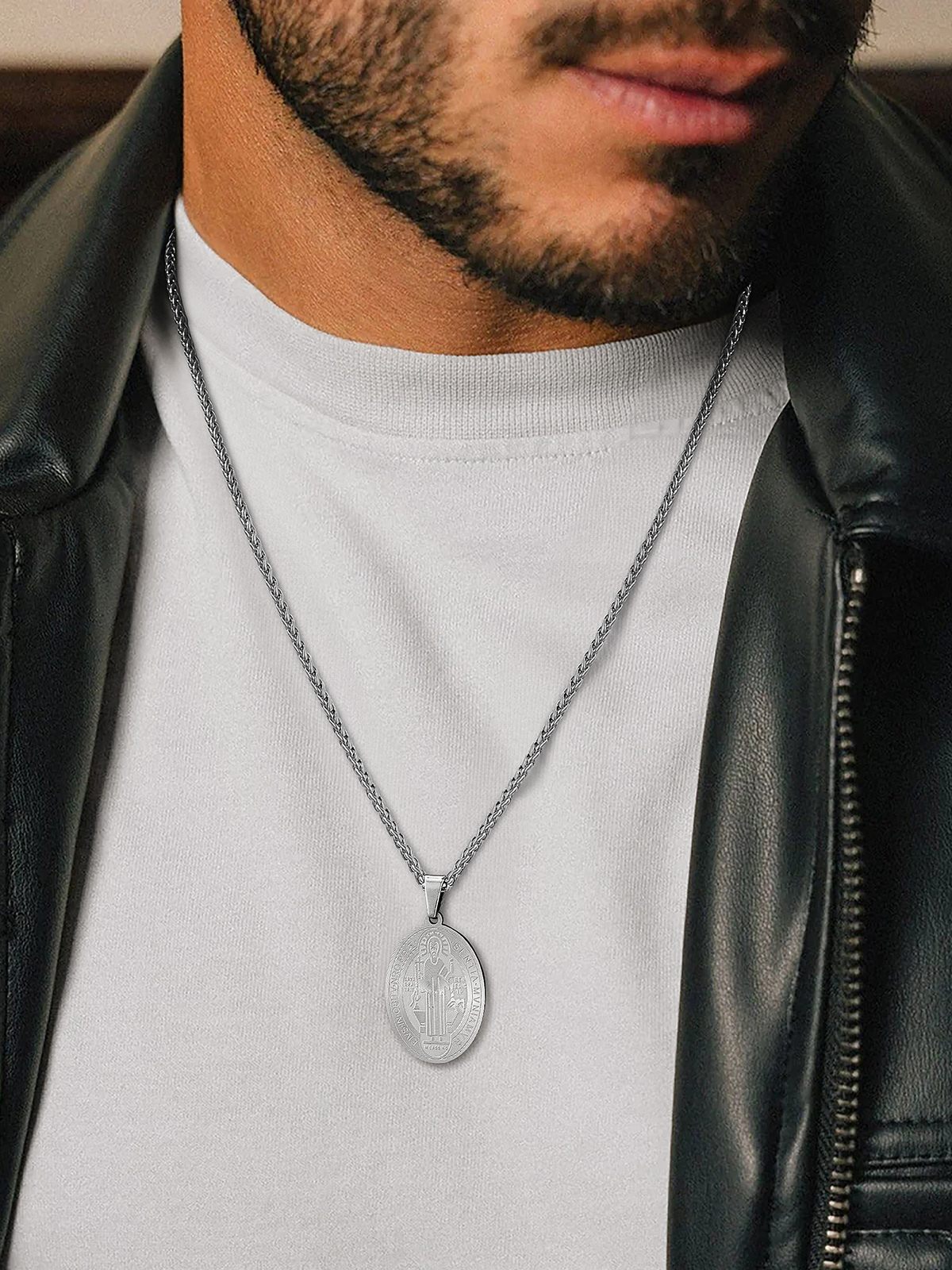 Saint Benedict Pendant Oval Coin Medal Necklace in Stainless