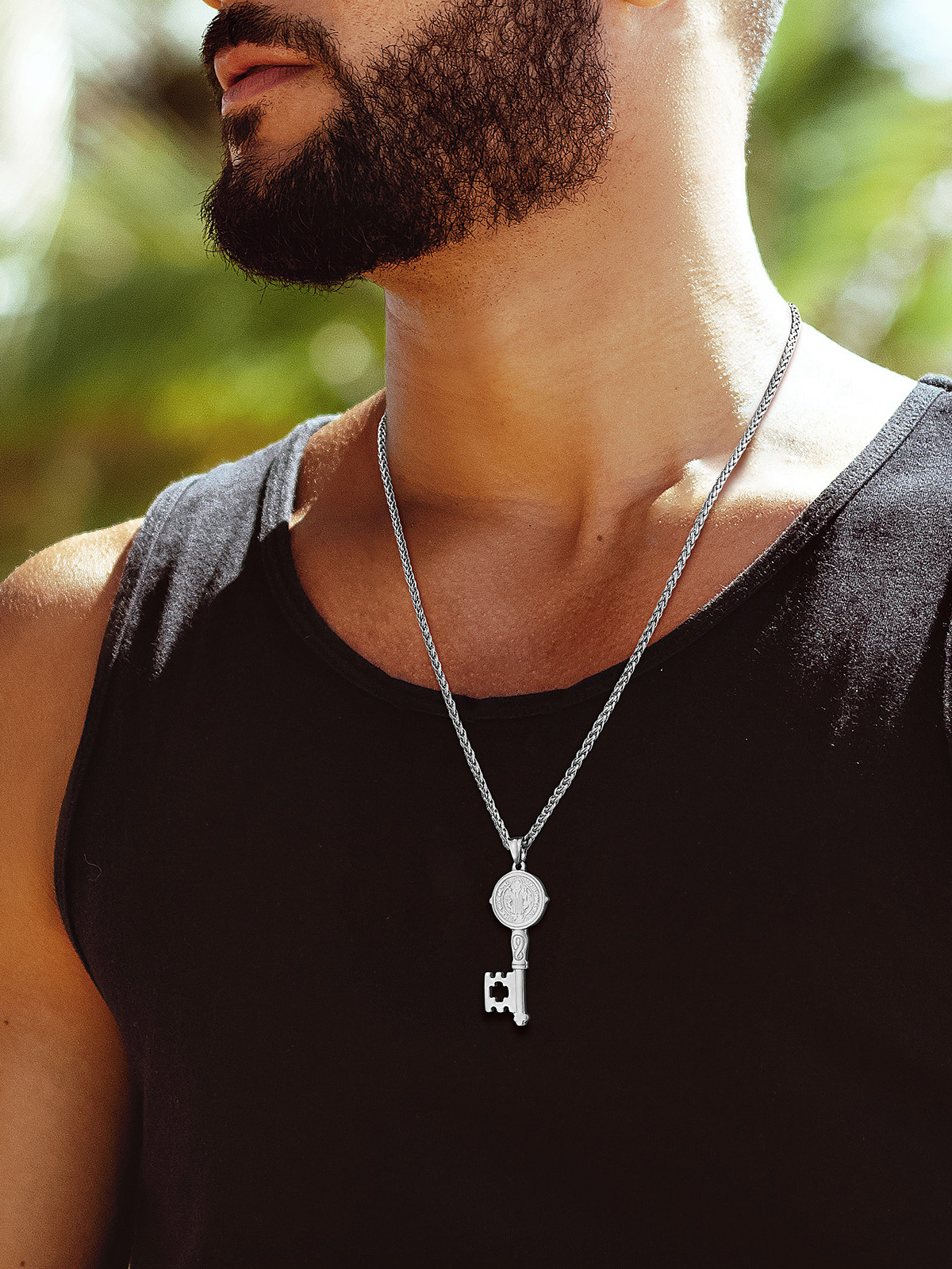 Saint Benedict Pendant Medal Key Necklace in Stainless