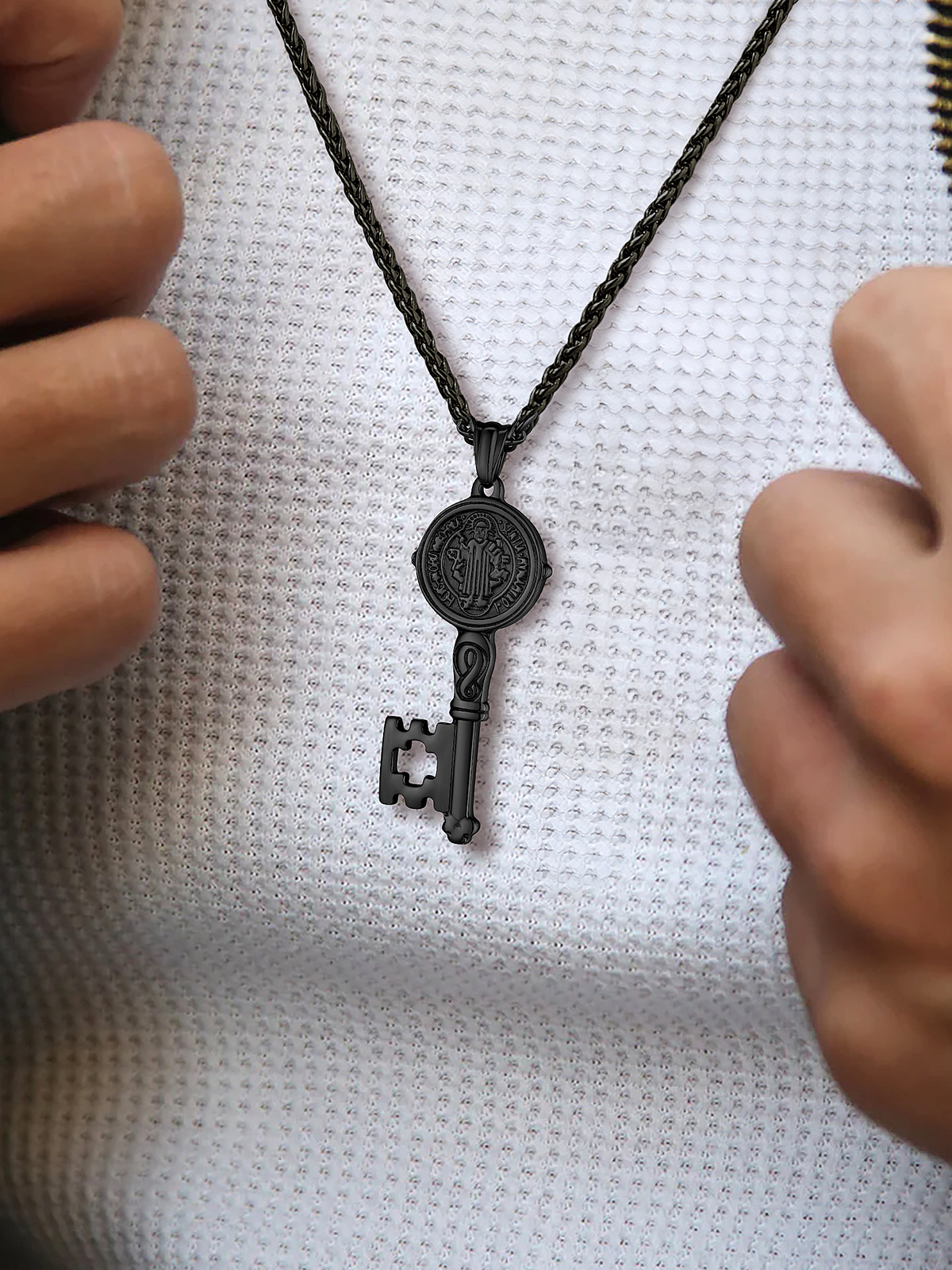 Saint Benedict Pendant Medal Key Necklace in Black