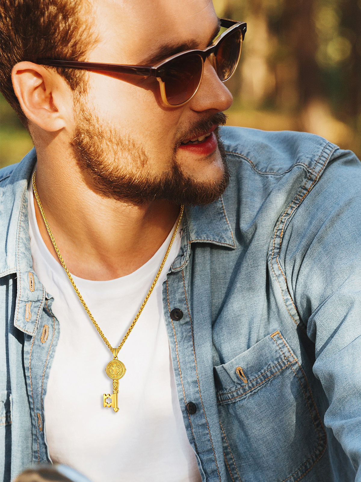 Saint Benedict Pendant Medal Key Necklace in 18K Gold