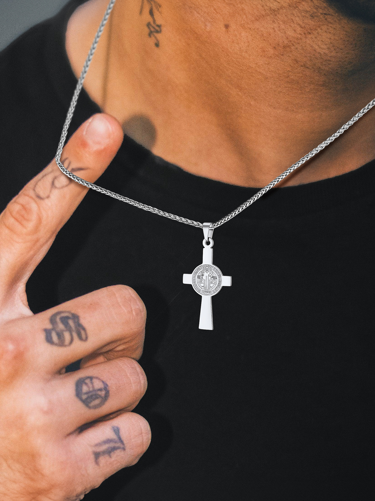 Saint Benedict Pendant Medal Cross Necklace in Stainless