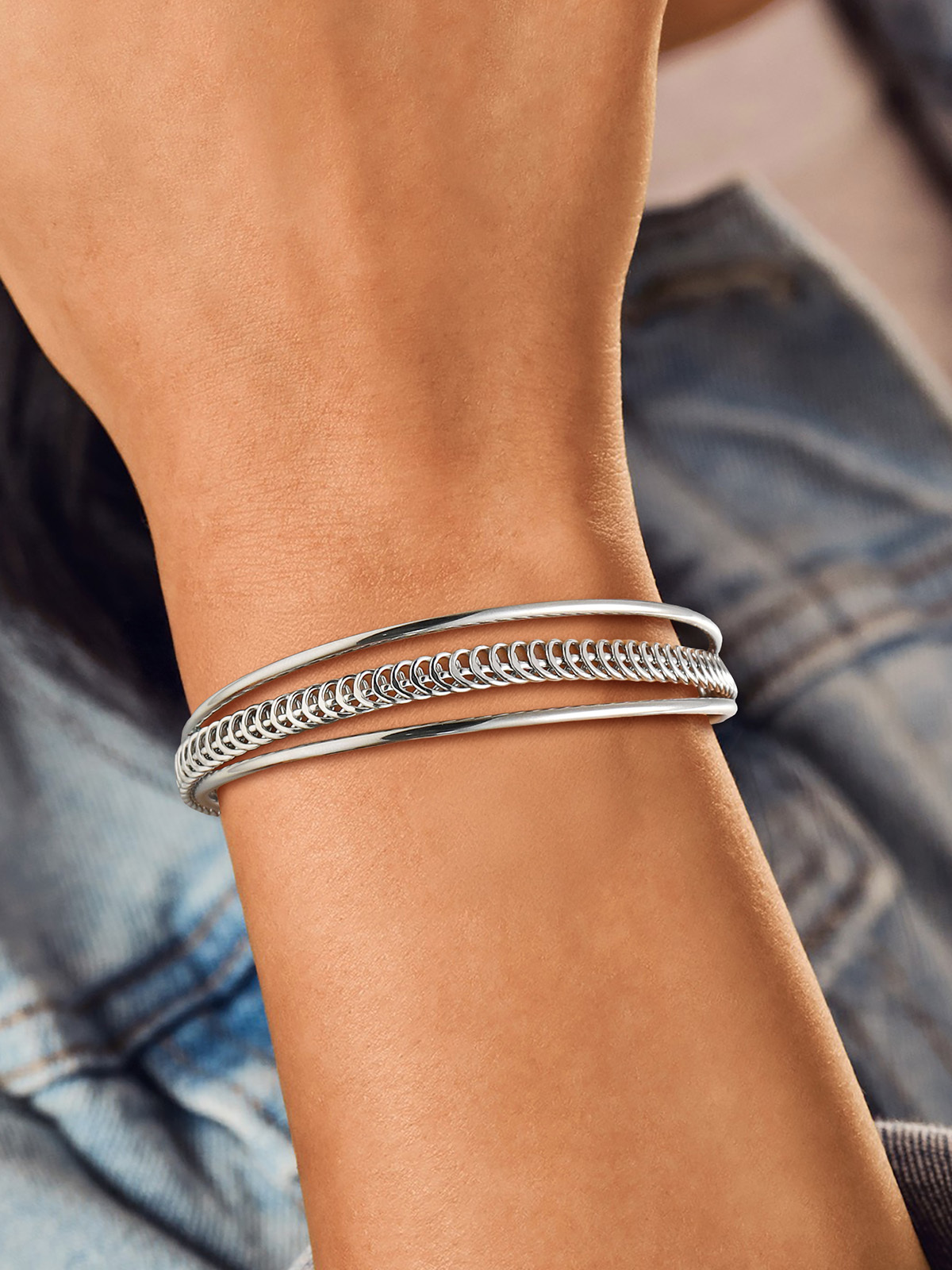 Open Adjustable Bangle Layered Cuff Bracelet in Platinum Plated