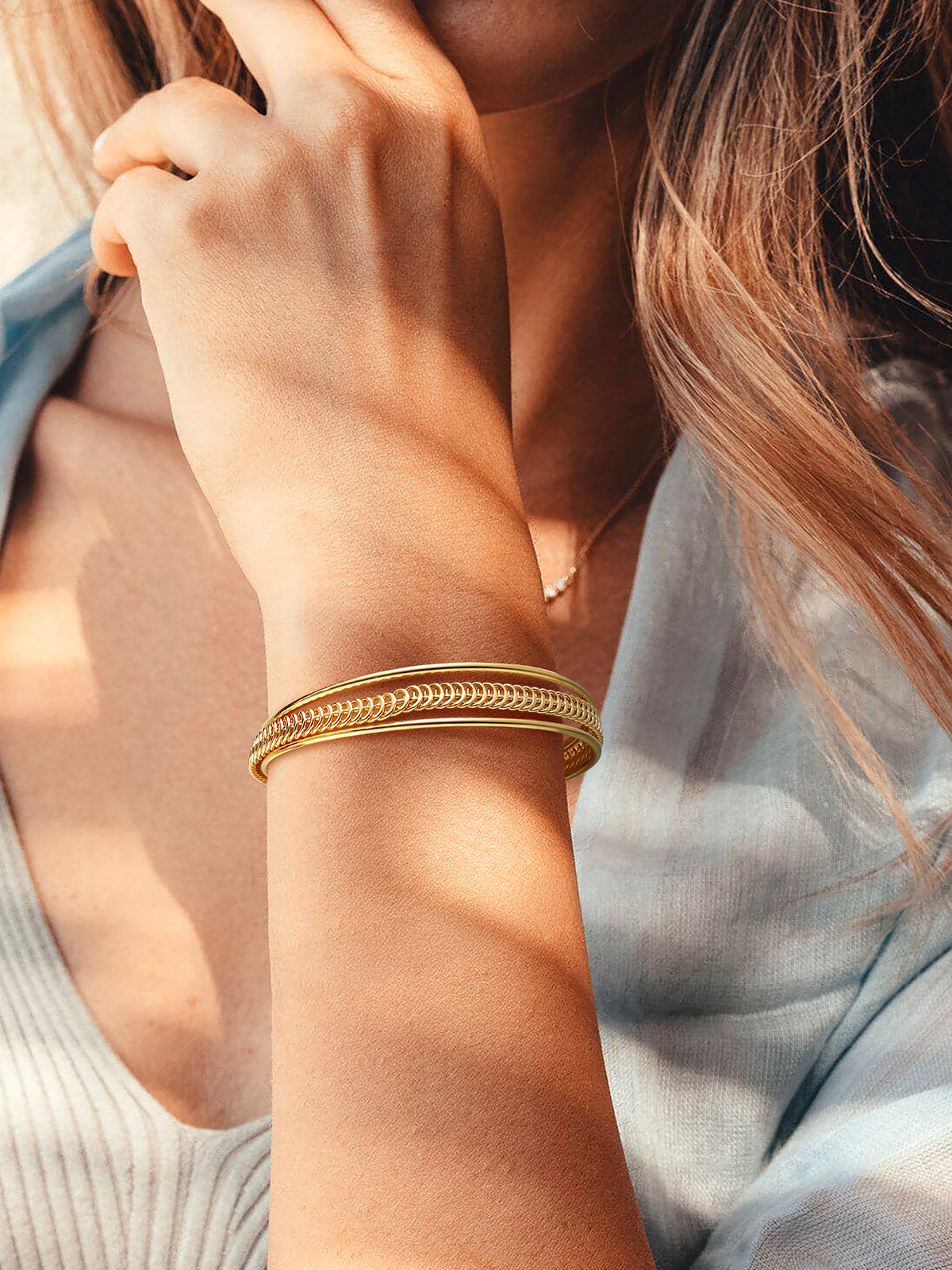 Open Adjustable Bangle Layered Cuff Bracelet in 18K Gold Plated