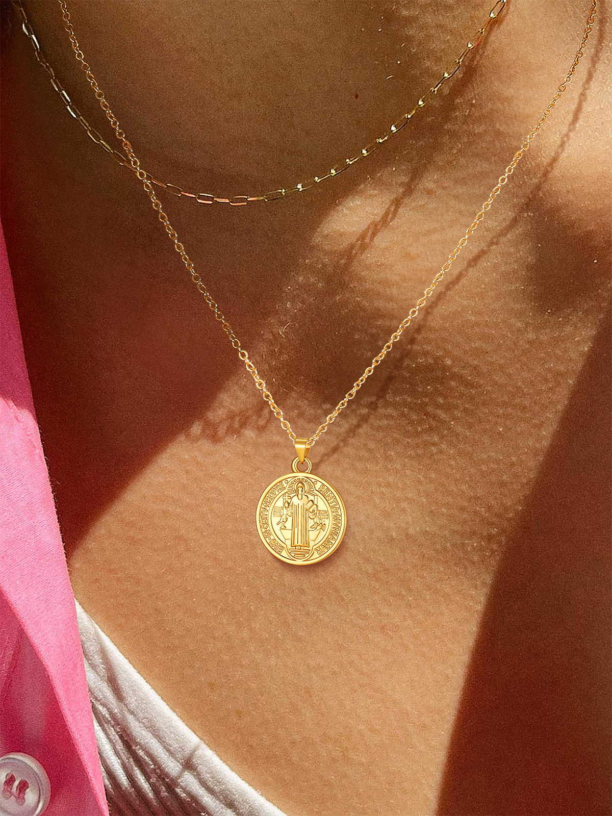 Round Coin Medal Necklace Saint Benedict Pendant in 18K Gold