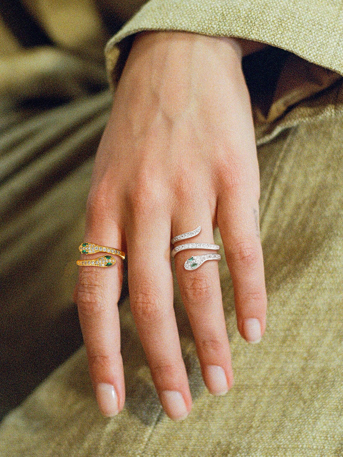 Adjustable Gothic Snake Statement Ring with Emerald Crystal in Silver