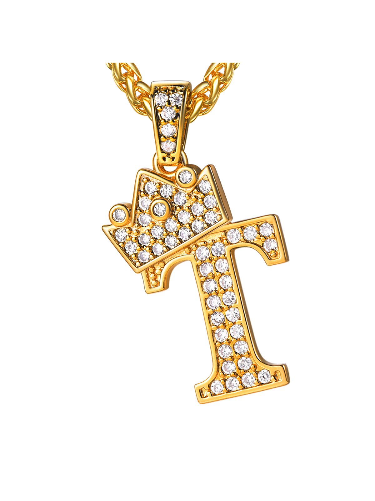 Crown Initial T Pendant Iced Out Necklace with CZ in 18K Gold