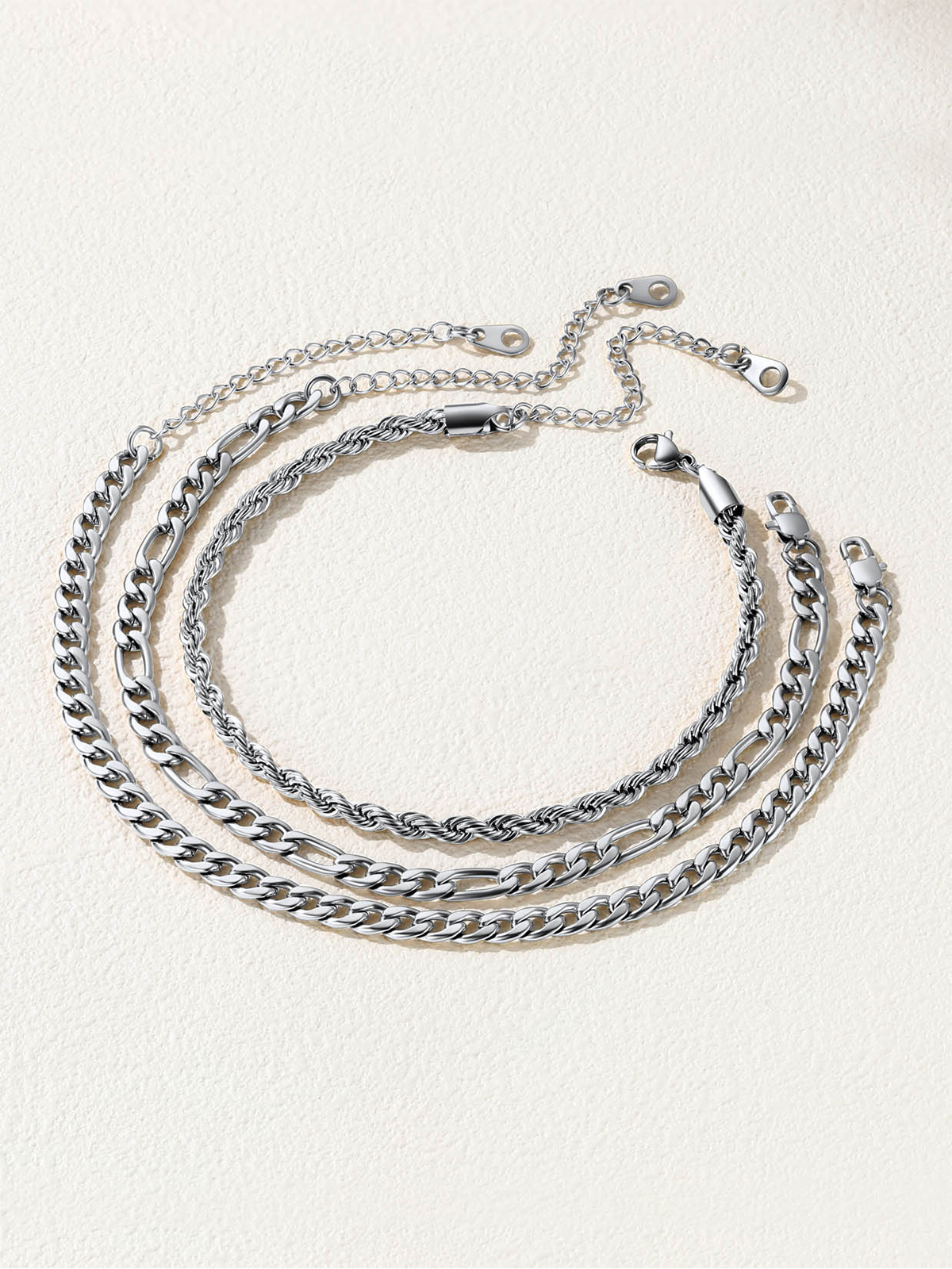 3 Pcs Layered Anklet Set in Stainless (Rope/Figaro/Cuban Chain)
