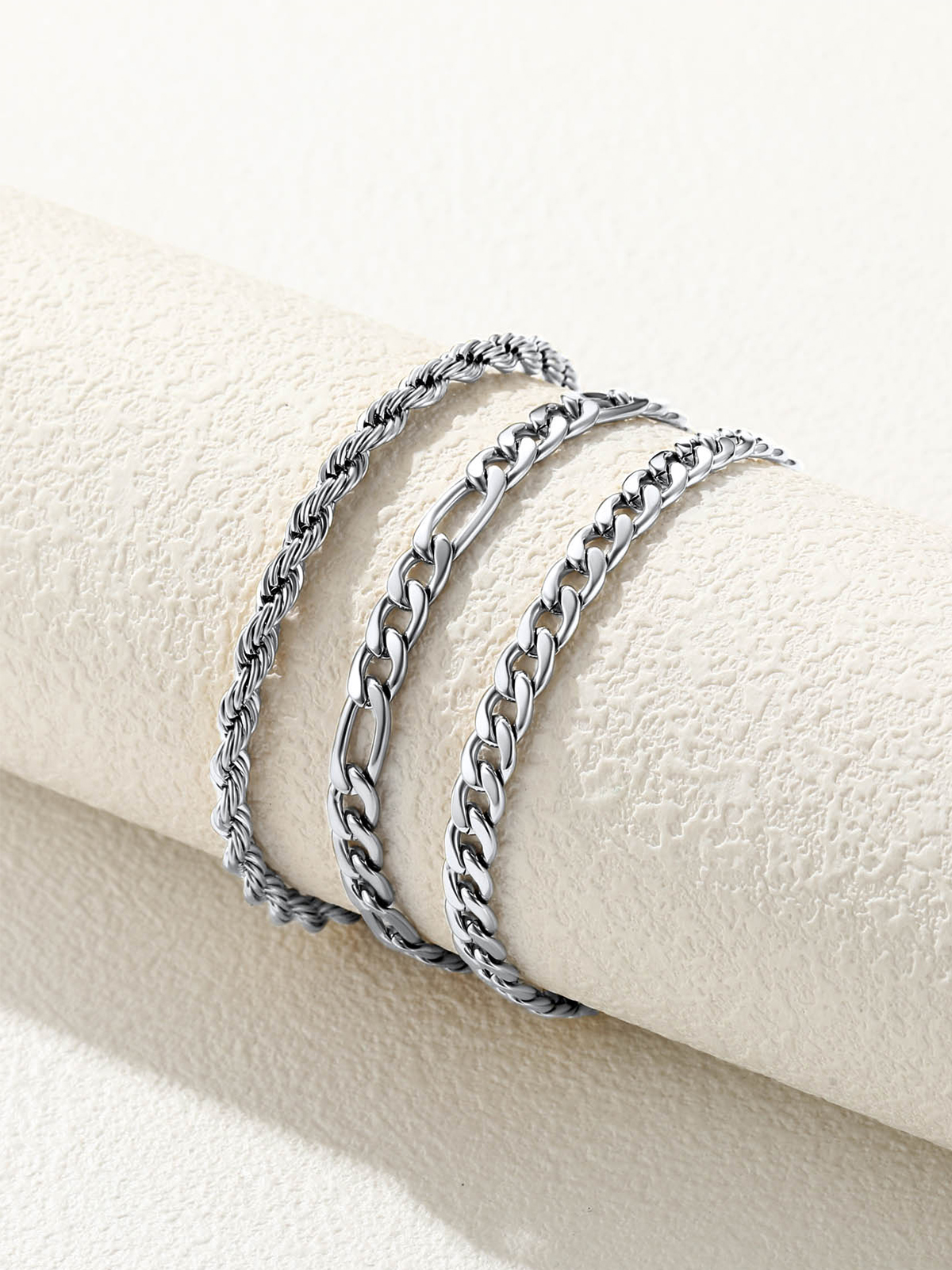 3 Pcs Layered Anklet Set in Stainless (Rope/Figaro/Cuban Chain)