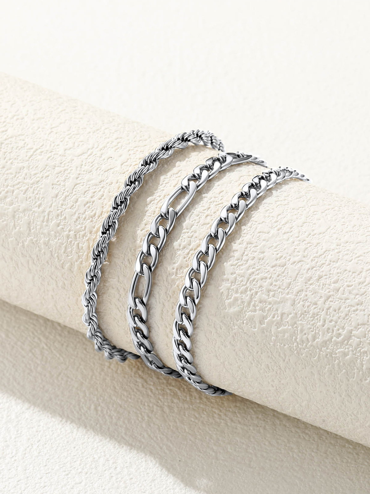 3 Pcs Layered Anklet Set in Stainless (Rope/Figaro/Cuban Chain)
