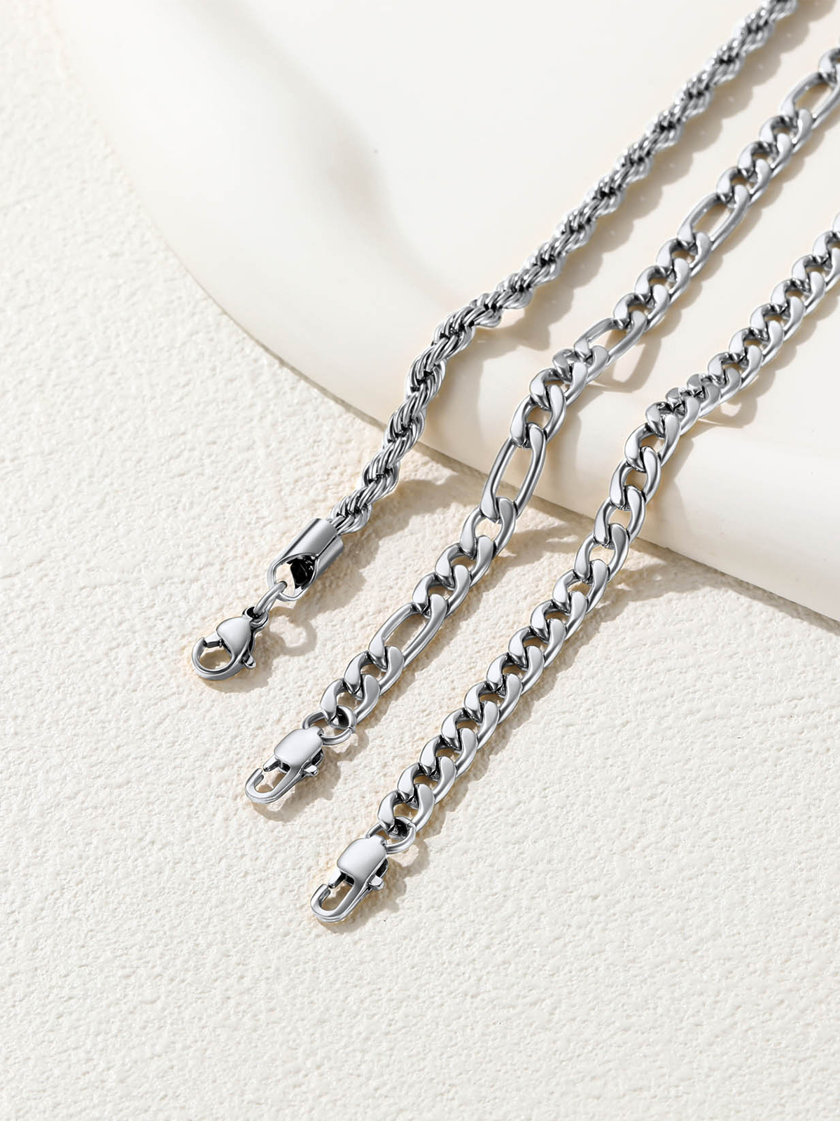 3 Pcs Layered Anklet Set in Stainless (Rope/Figaro/Cuban Chain)