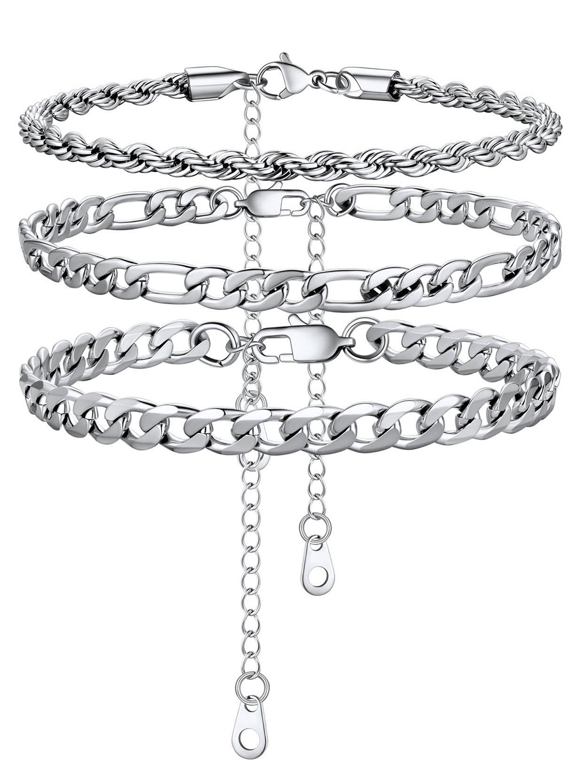 3 Pcs Layered Anklet Set in Stainless (Rope/Figaro/Cuban Chain)