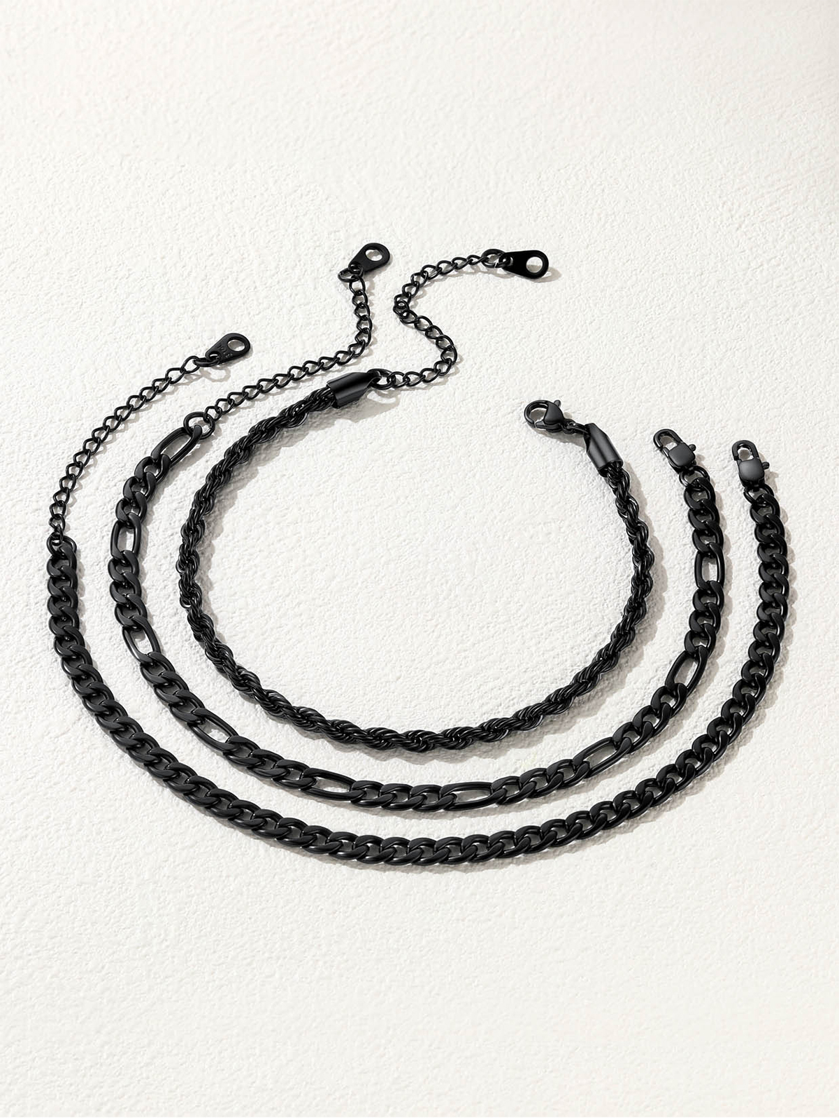 3 Pcs Layered Anklet Set in Black Plated (Rope/Figaro/Cuban Chain)