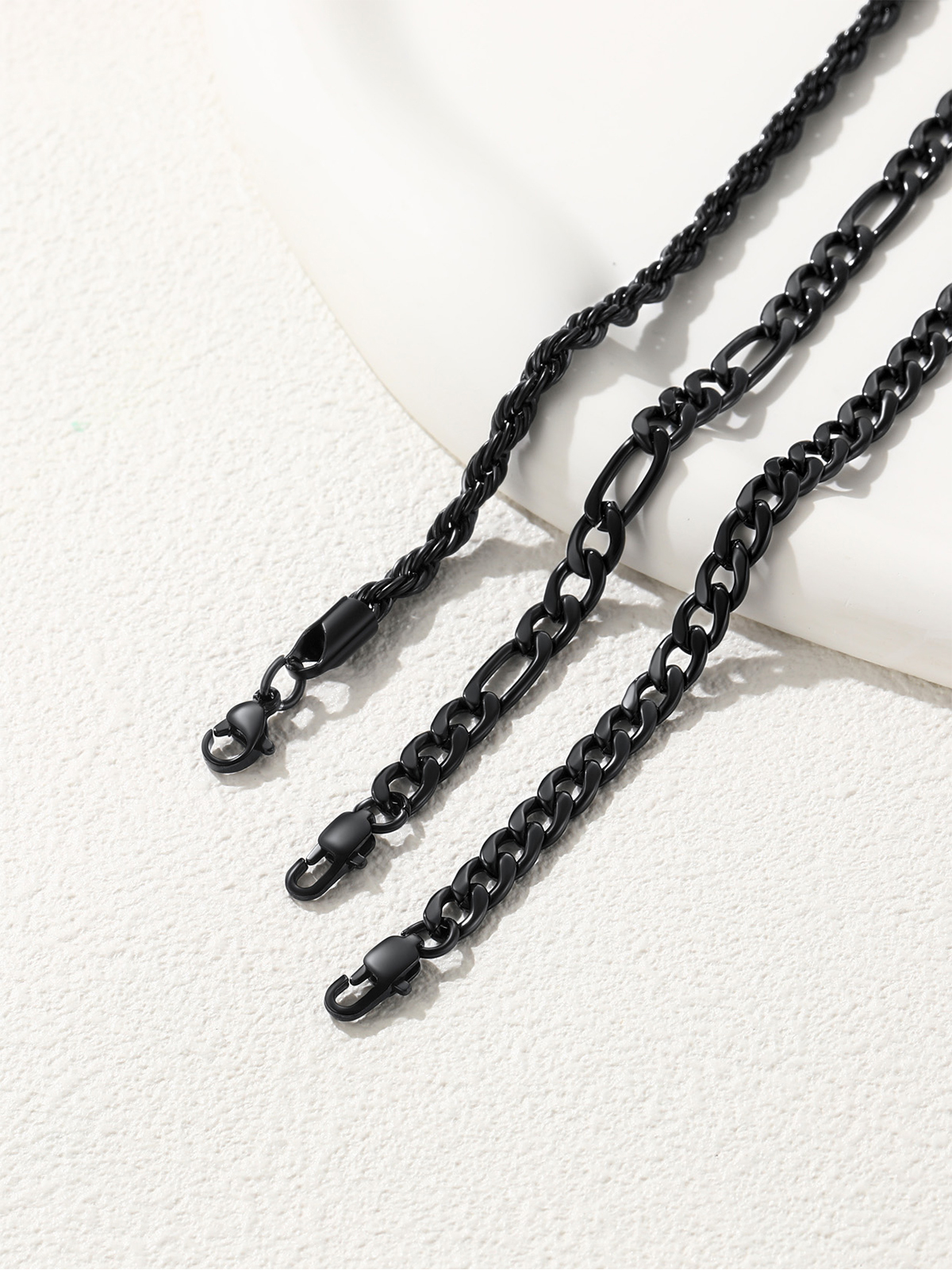 3 Pcs Layered Anklet Set in Black Plated (Rope/Figaro/Cuban Chain)