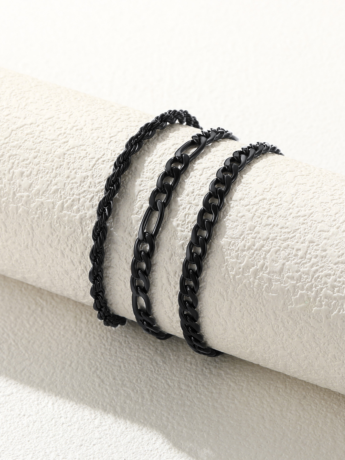 3 Pcs Layered Anklet Set in Black Plated (Rope/Figaro/Cuban Chain)