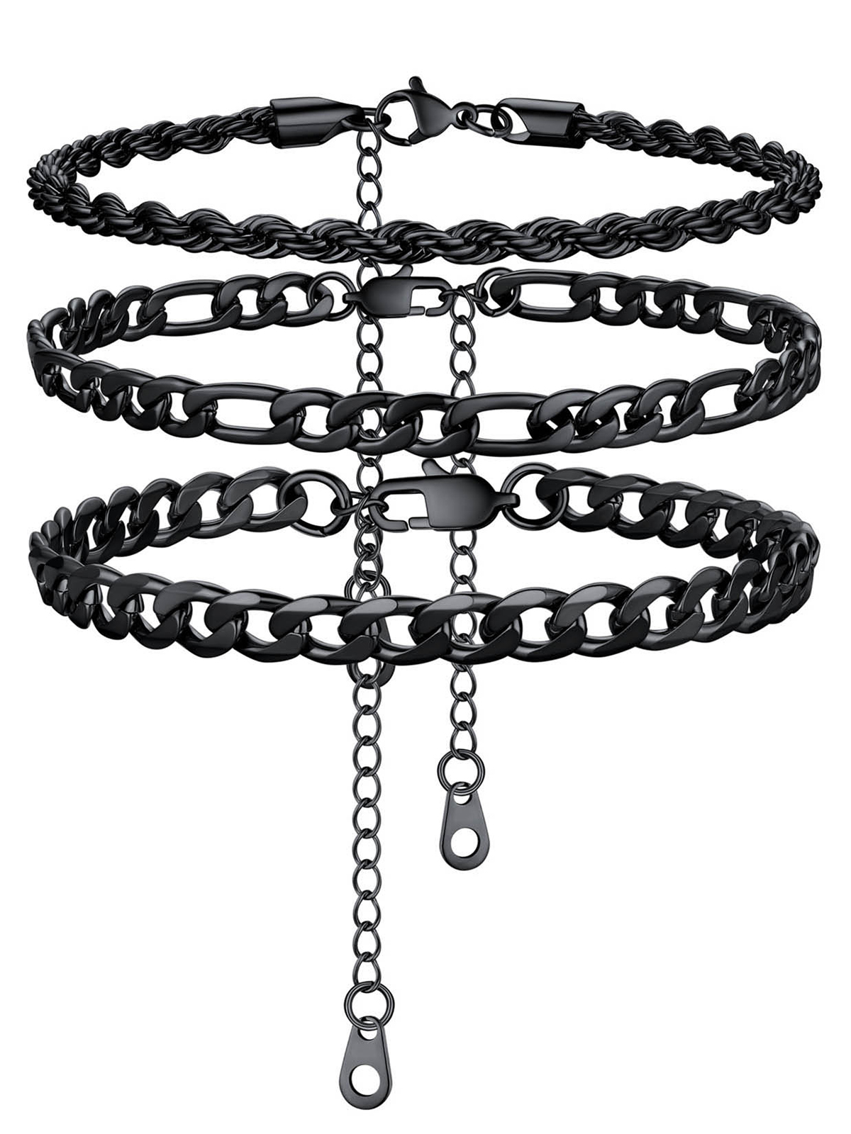 3 Pcs Layered Anklet Set in Black Plated (Rope/Figaro/Cuban Chain)