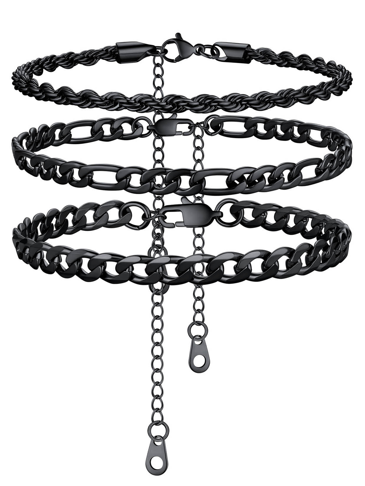 3 Pcs Layered Anklet Set in Black Plated (Rope/Figaro/Cuban Chain)