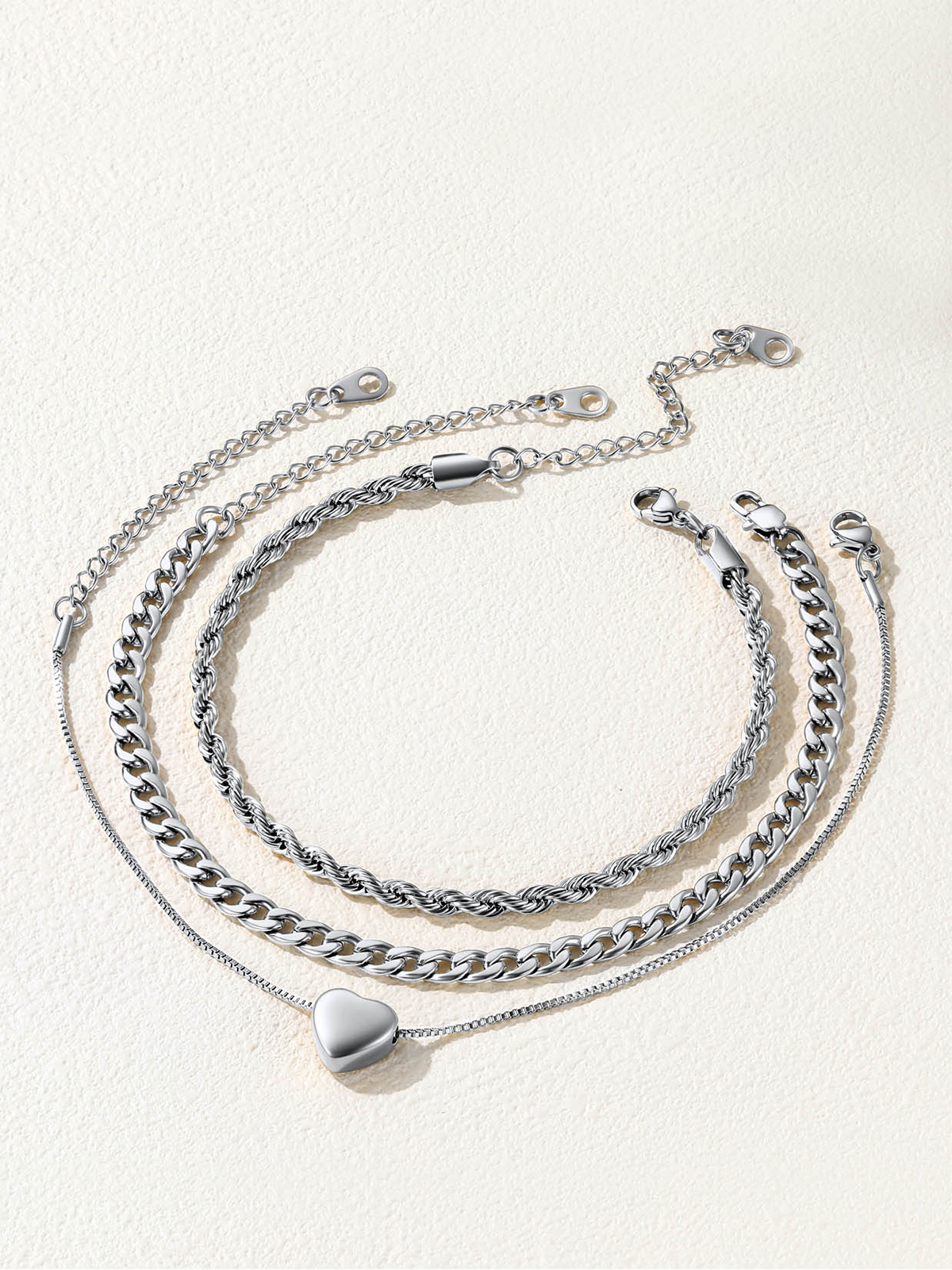 3 Pcs Layered Anklet Set in Stainless