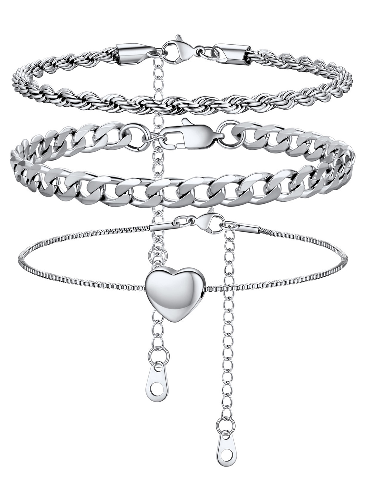 3 Pcs Layered Anklet Set in Stainless