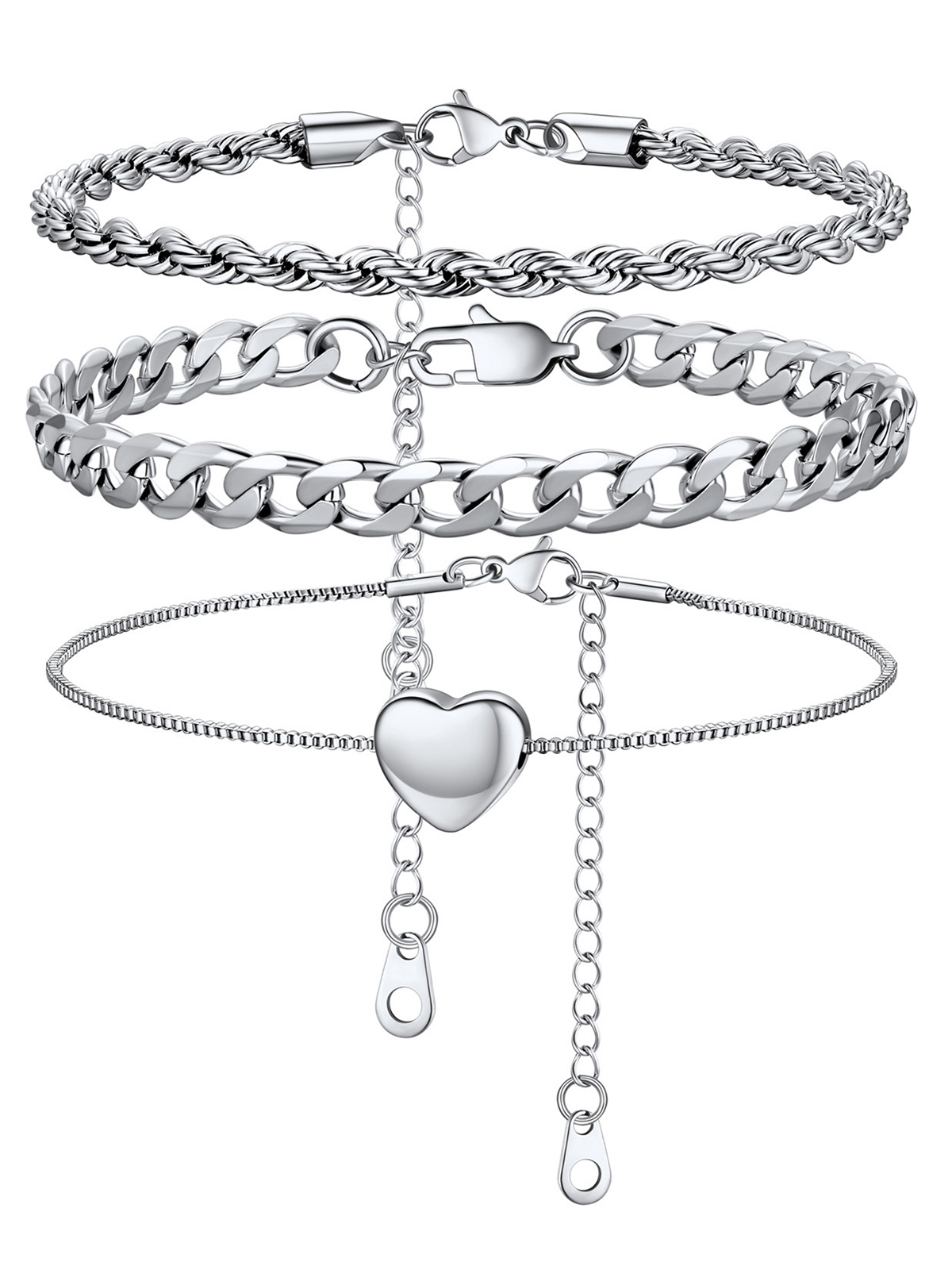 3 Pcs Layered Anklet Set in Stainless