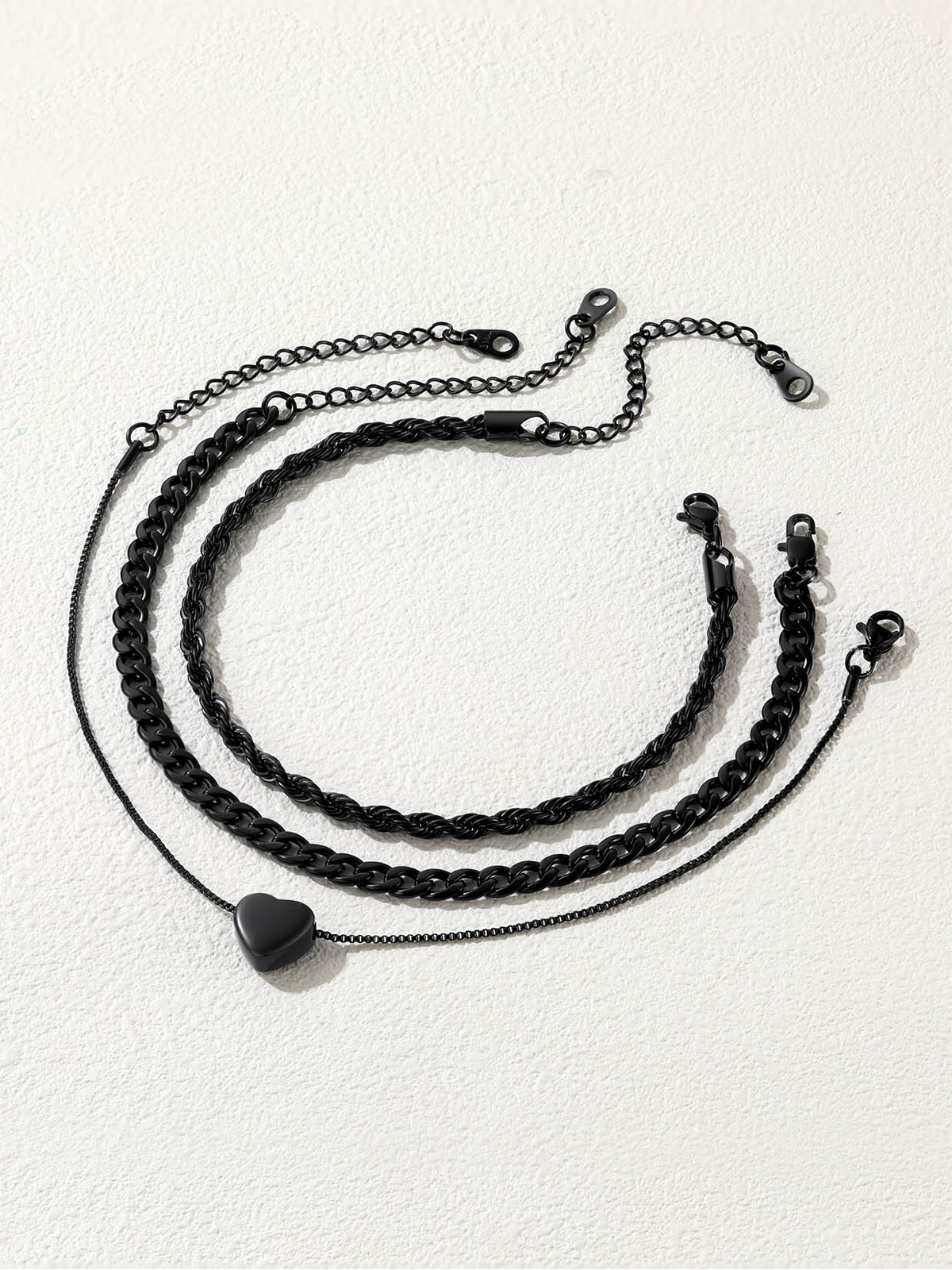 3 Pcs Layered Anklet Set in Black Plated