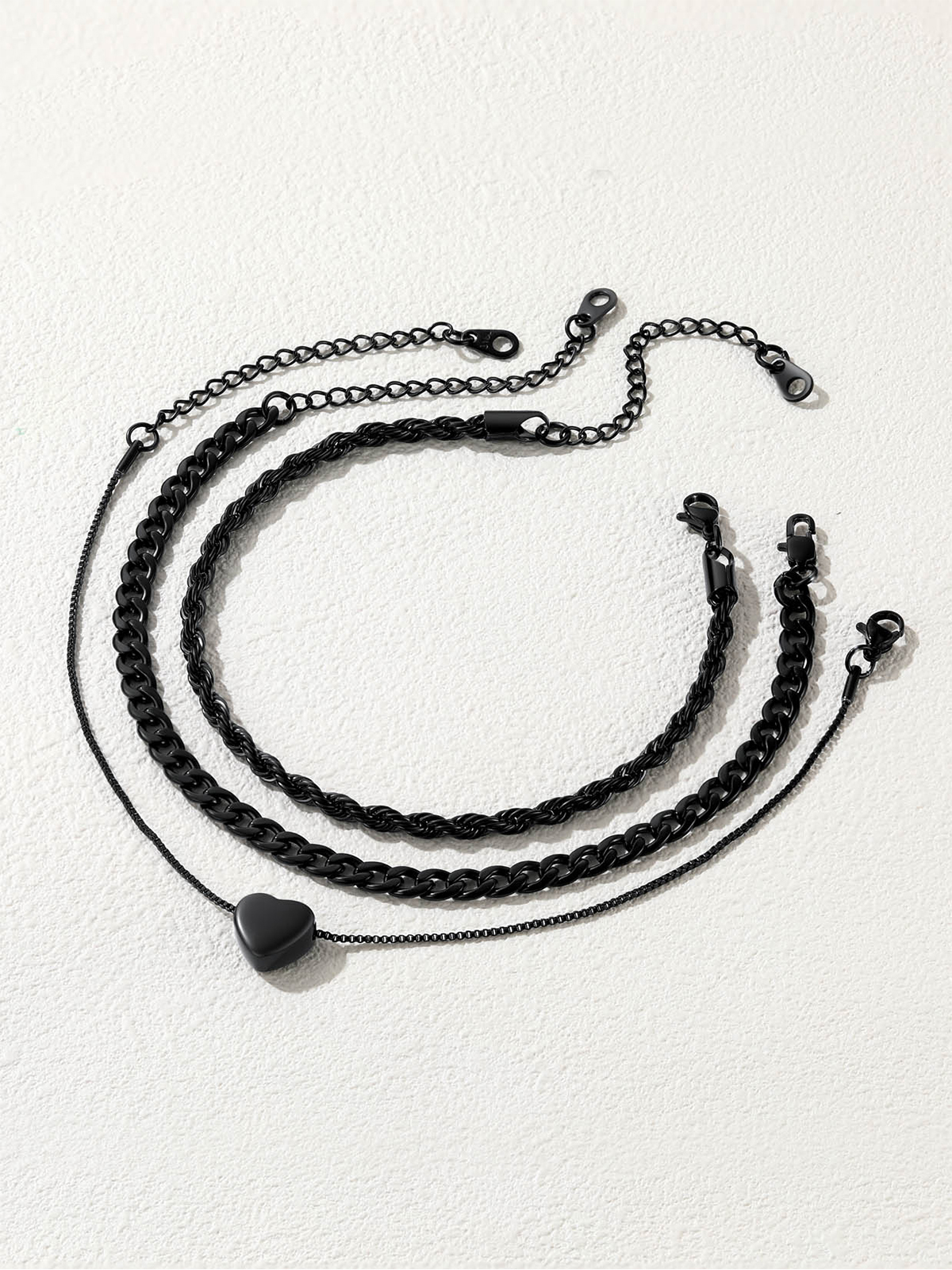 3 Pcs Layered Anklet Set in Black Plated