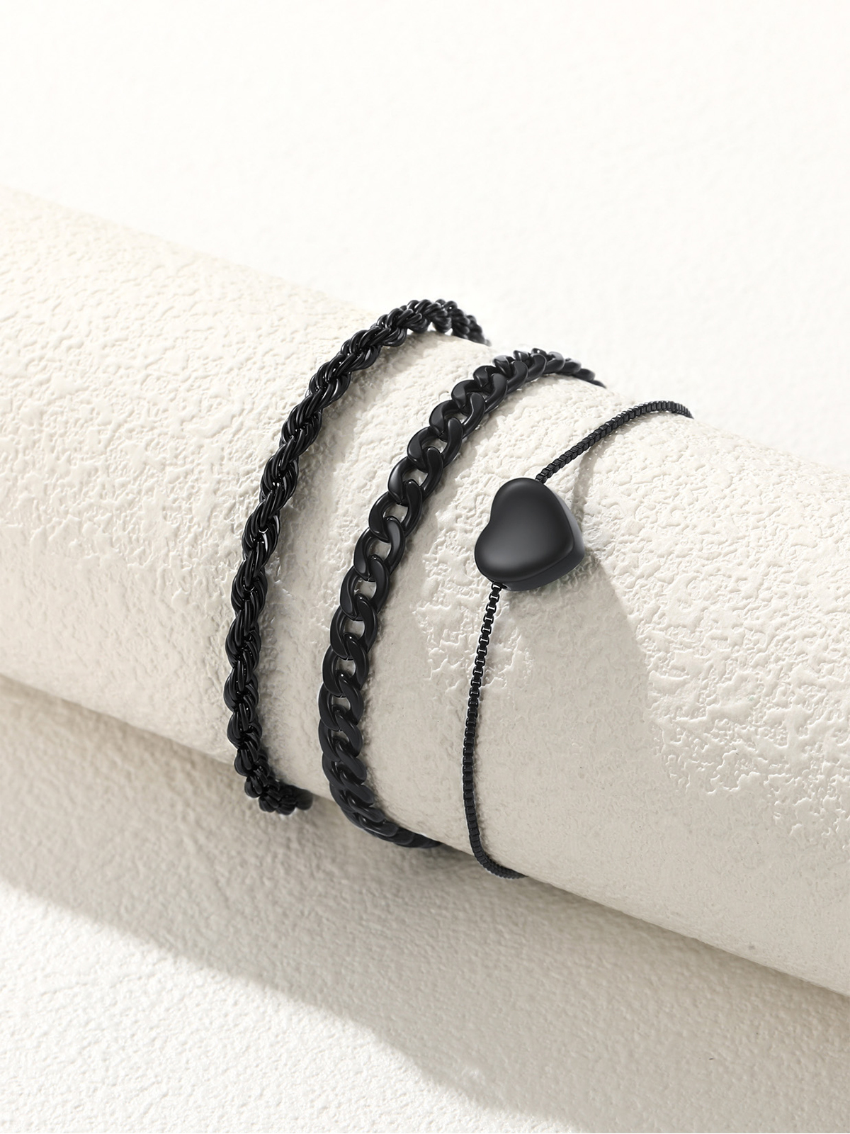 3 Pcs Layered Anklet Set in Black Plated