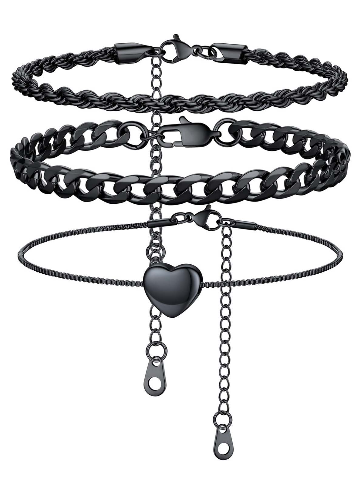 3 Pcs Layered Anklet Set in Black Plated