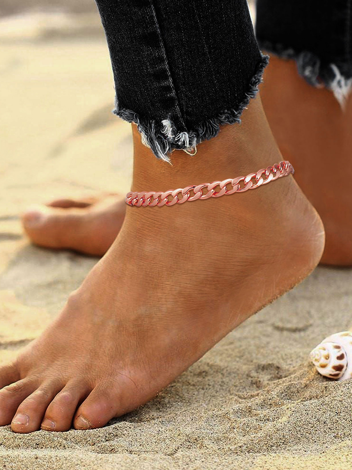7mm Thick Cuban Link Chain Anklet in Rose Gold