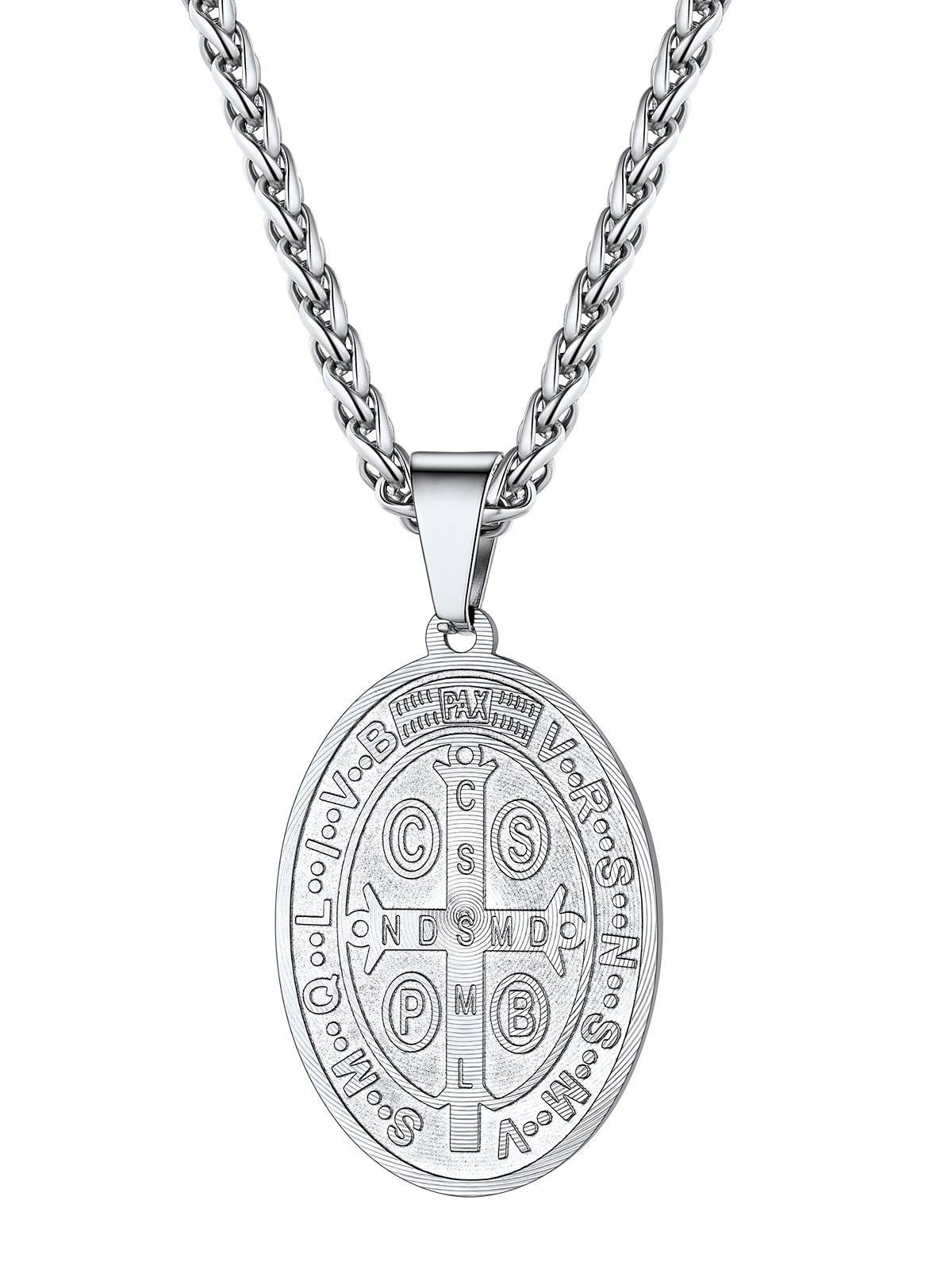 Saint Benedict Pendant Oval Coin Medal Necklace in Stainless