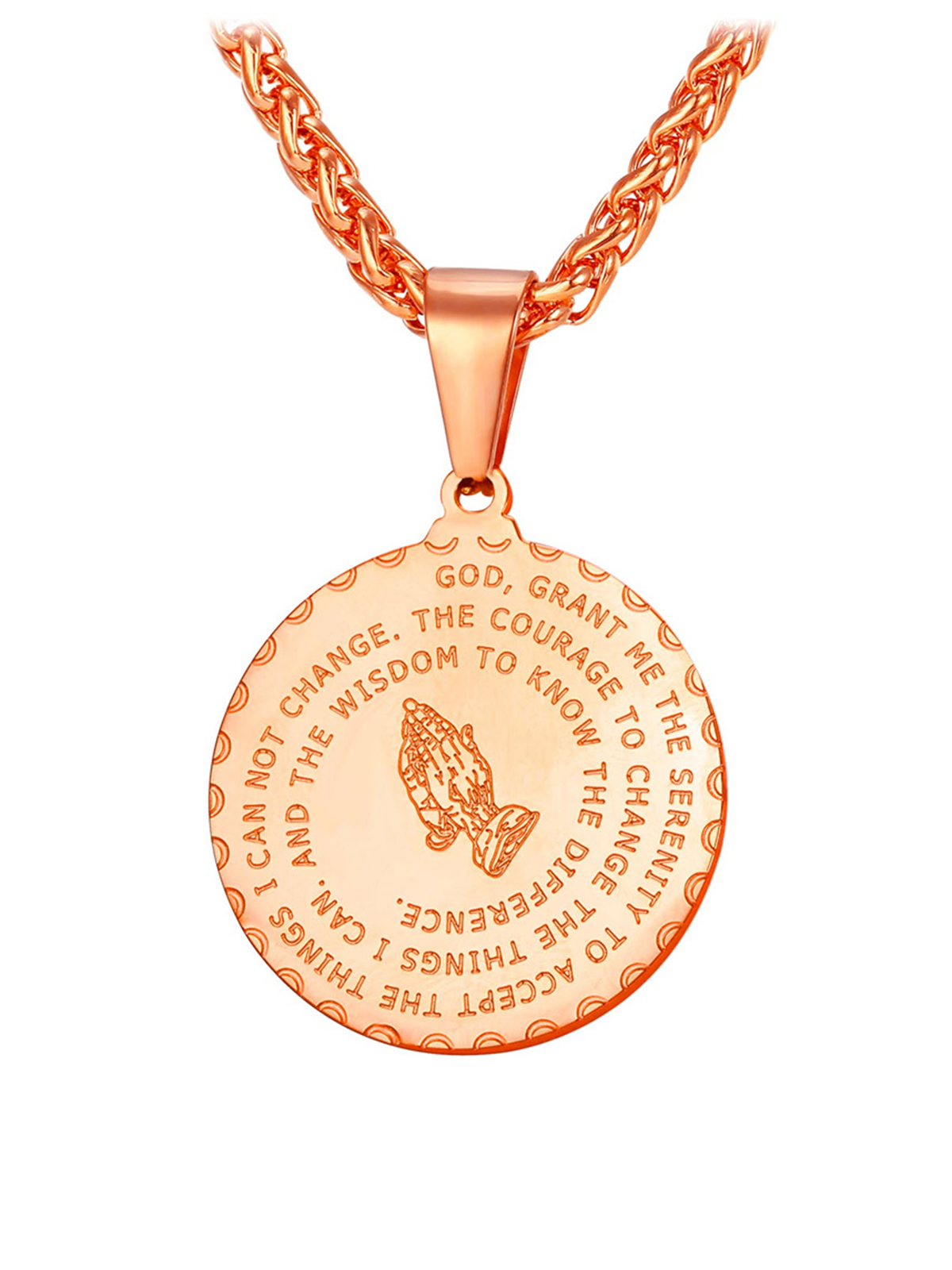 Bible Verse Prayer Pendant Round Coin Medal Necklace in Rose Gold