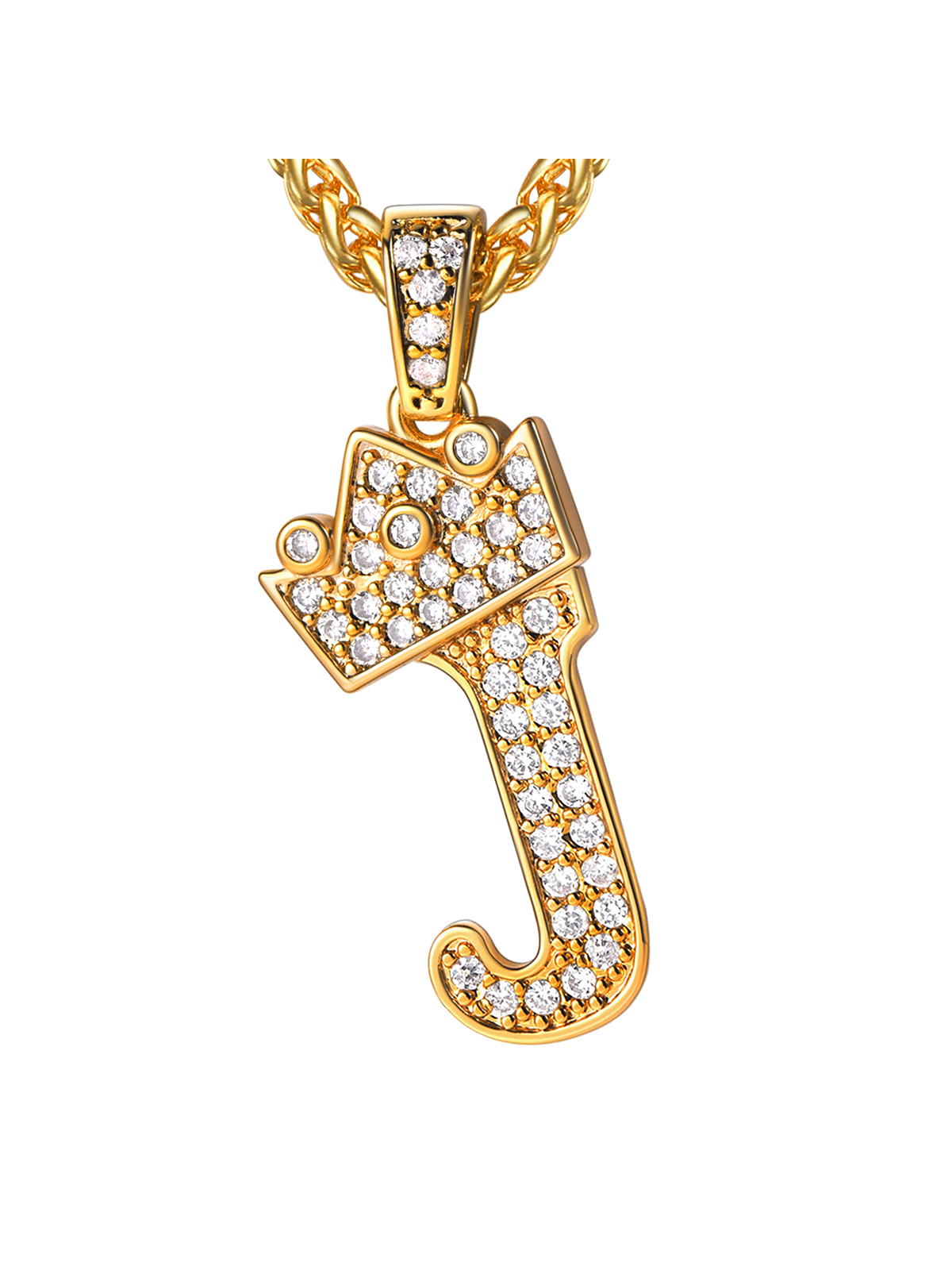 Crown Initial J Pendant Iced Out Necklace with CZ in 18K Gold