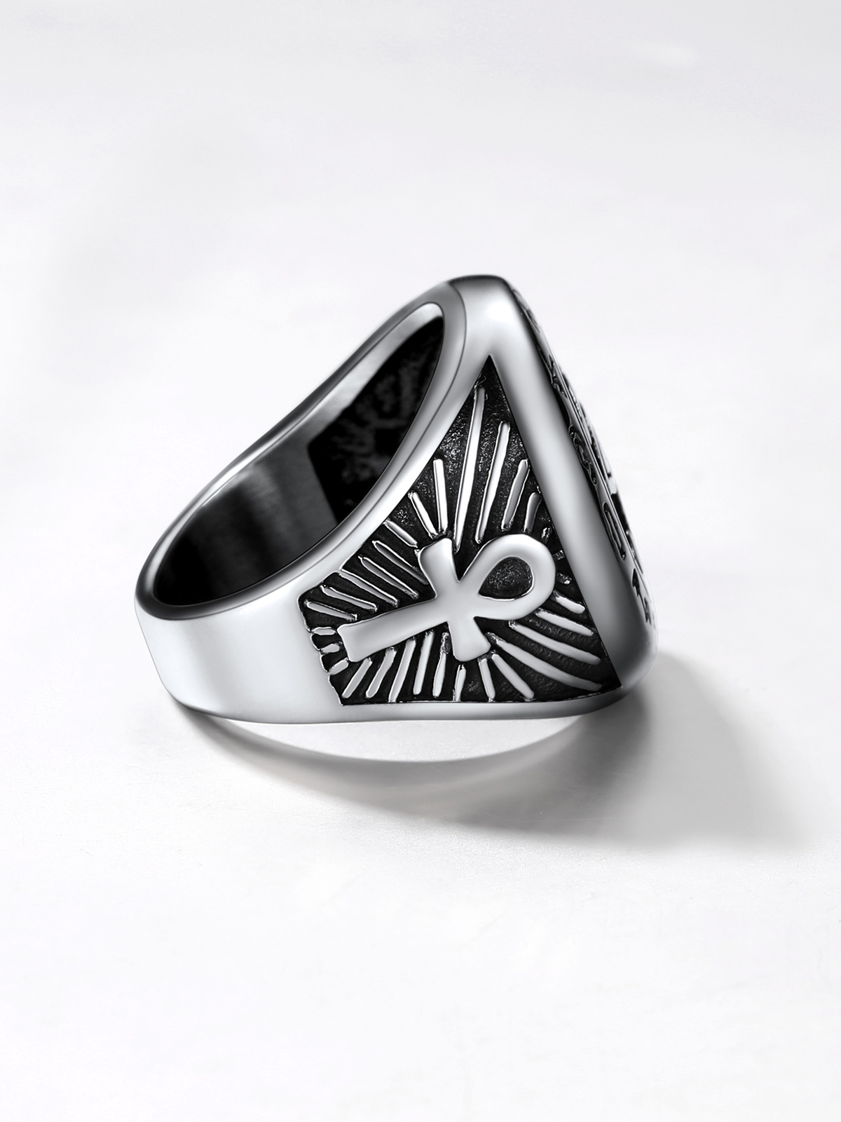 Vintage Egyptian Eye of Horus Ankh Cross Ring in Stainless Plated