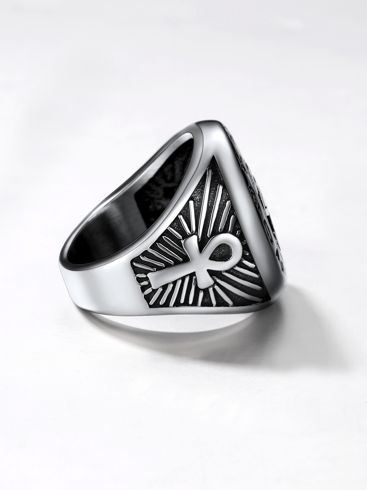 Vintage Egyptian Eye of Horus Ankh Cross Ring in Stainless Plated