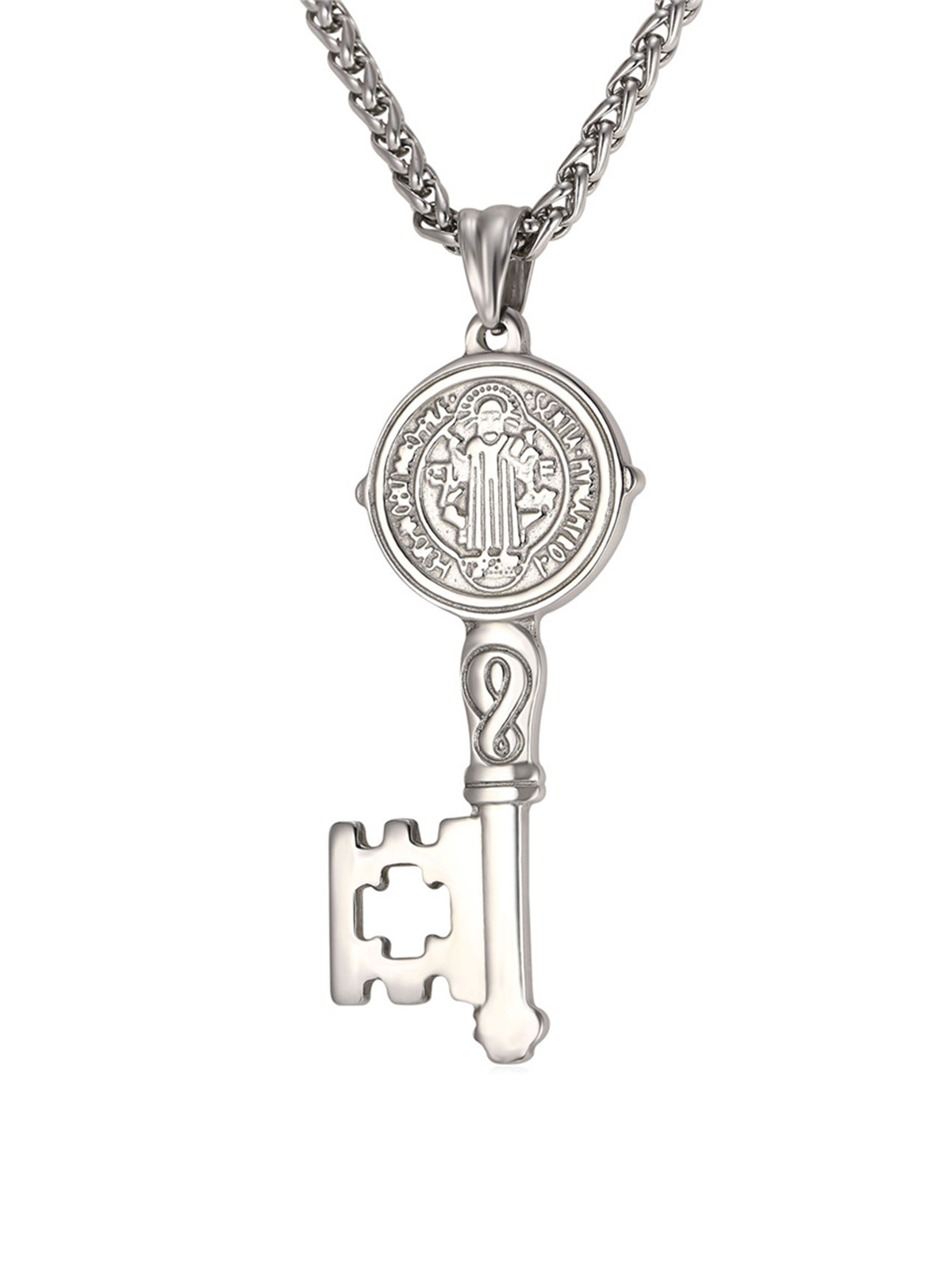 Saint Benedict Pendant Medal Key Necklace in Stainless
