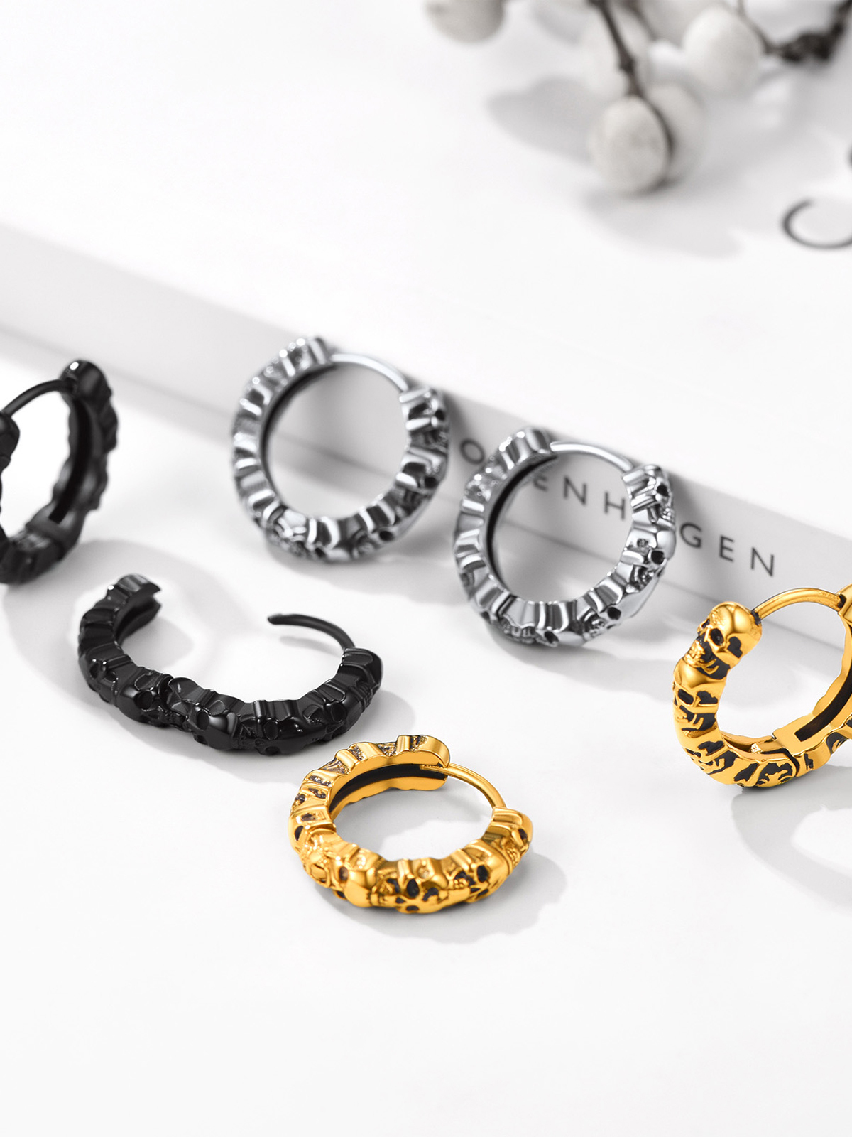 Skull Huggie Hoops Punk Rock Earrings in 18K Gold Plated