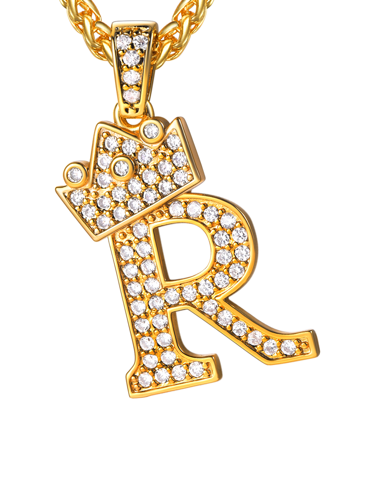 Crown Initial R Pendant Iced Out Necklace with CZ in 18K Gold