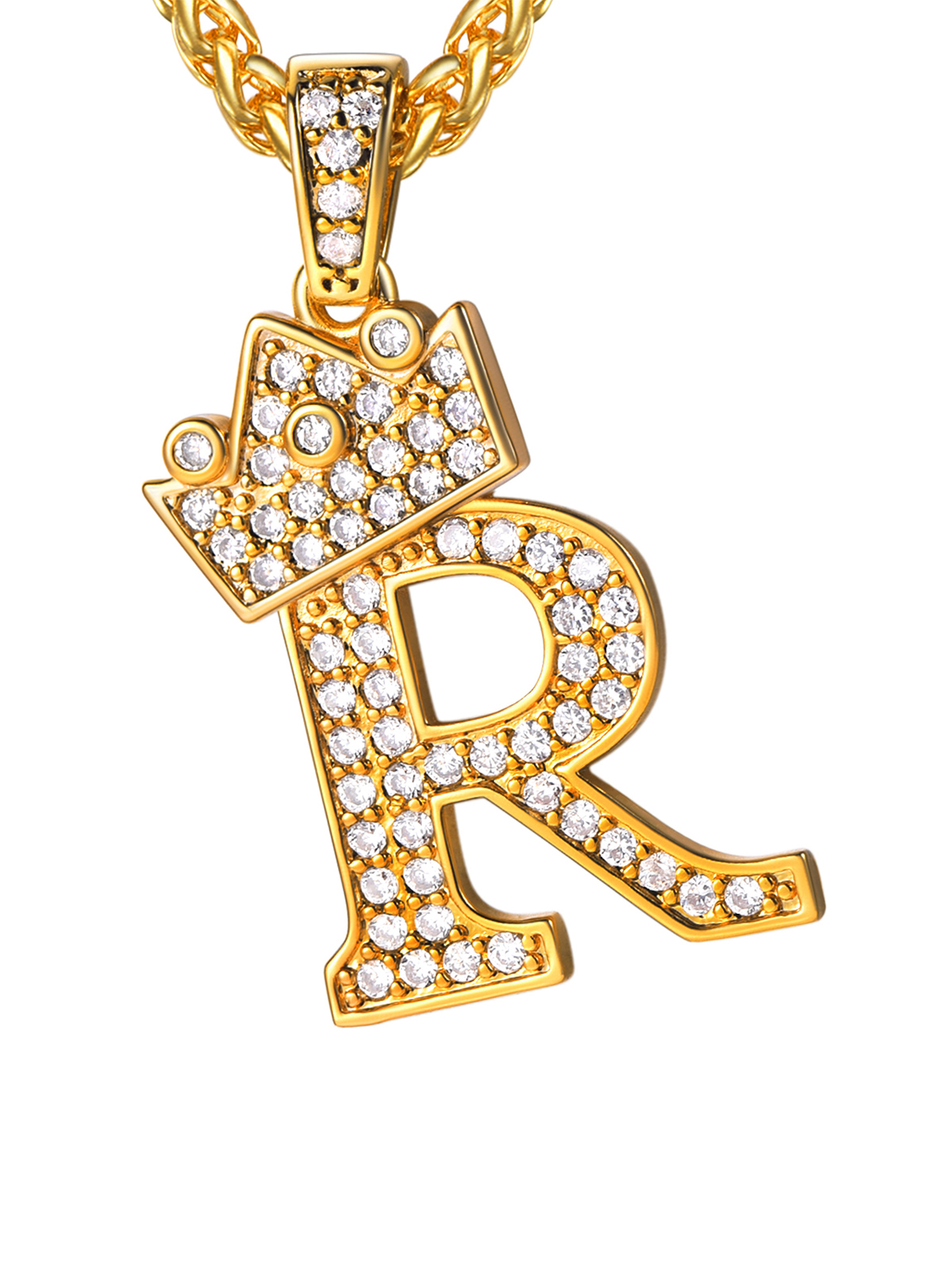 Crown Initial R Pendant Iced Out Necklace with CZ in 18K Gold
