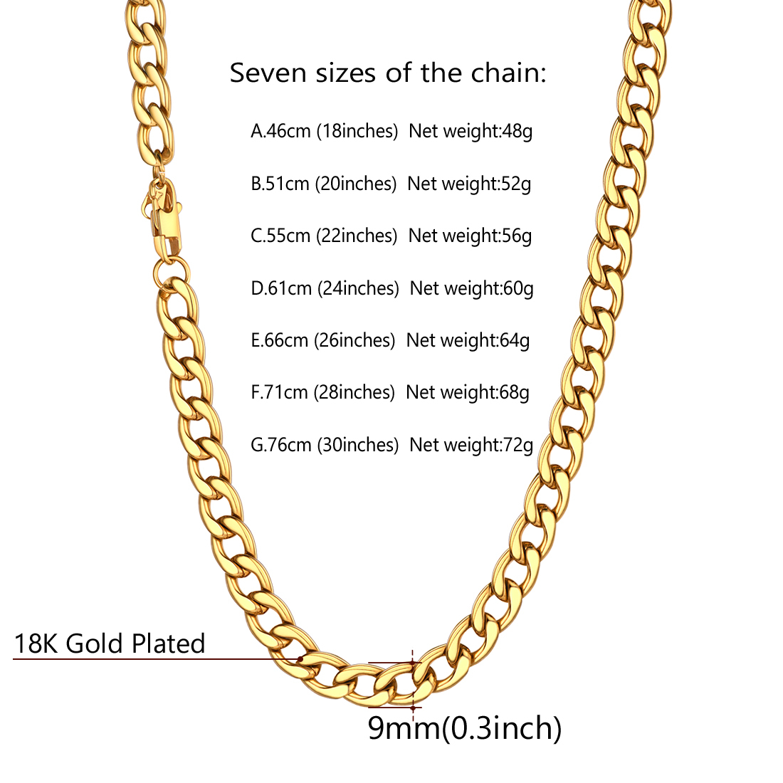 9mm Thick Cuban Chain Necklace Details-Necklace Length, Weight