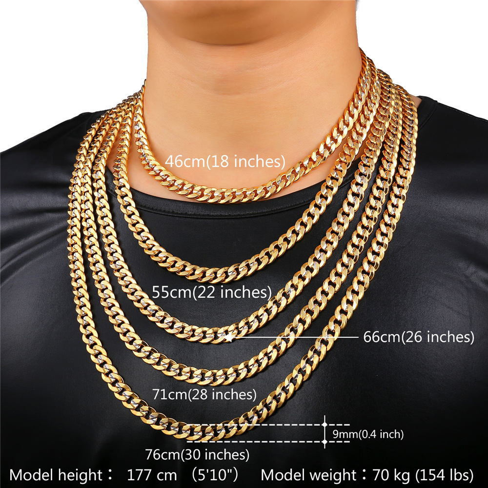 9mm Thick Two-Tone Curb Chain Necklace Details-Necklace Length, Weight 01