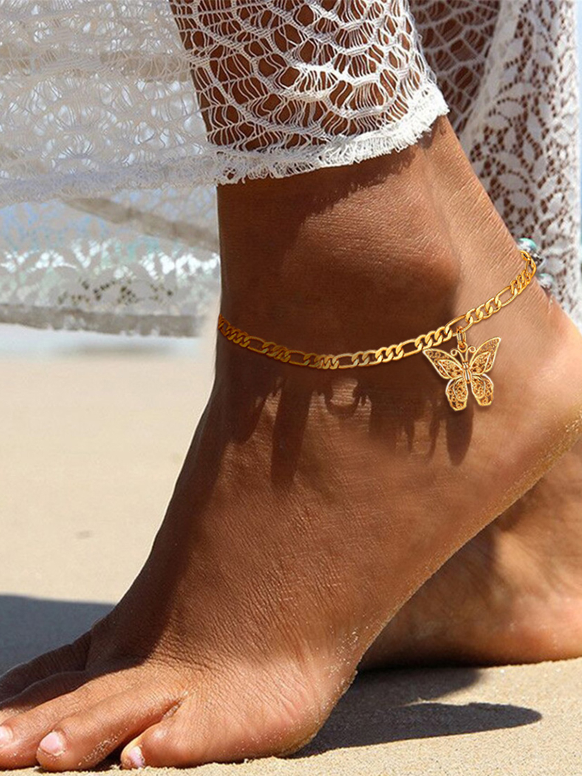 4.5mm Thick Butterfly Figaro Chain Anklet in 18K Gold