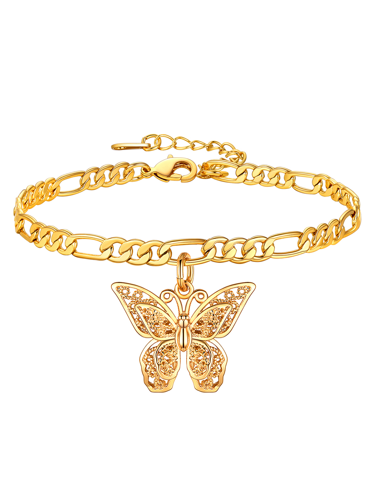 4.5mm Thick Butterfly Figaro Chain Anklet in 18K Gold